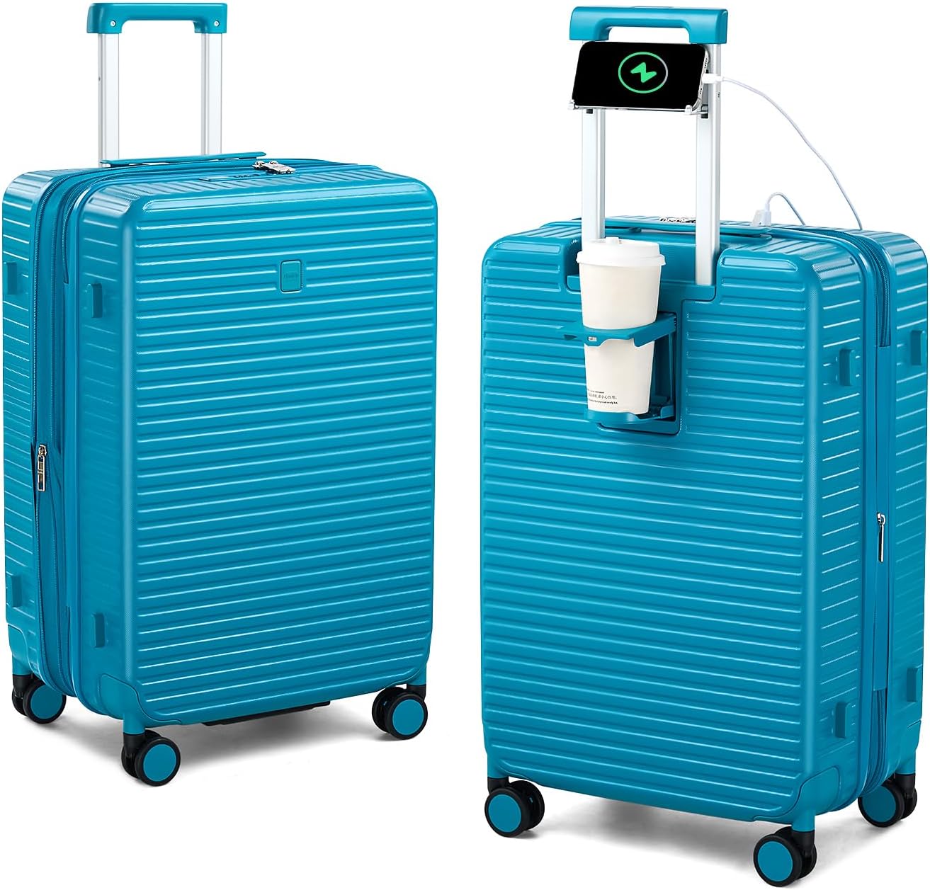 Hard Shell Suitcases Travel Expandable Luggage, 24 Inch Check in Luggage with Spinner Wheels Cup Holder Charger Built in, Checked Medium Suitcase Lightweight Suitcases, Caribbean Blue