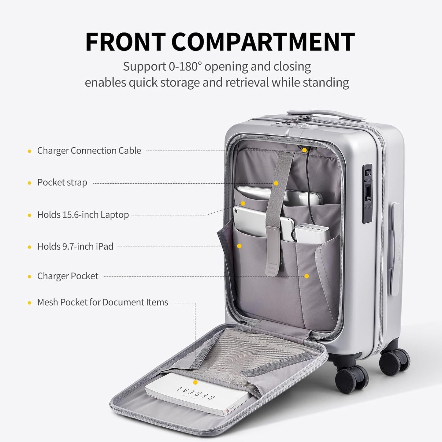 OIWAS 20 Inch Carry On Luggage, Front Pocket Carryon Suitcase with Phone Holder & Cup Holder, Airline Approved Hardshell Luggage with Double TSA Lock, USB Port, One-Click Brake, Silver