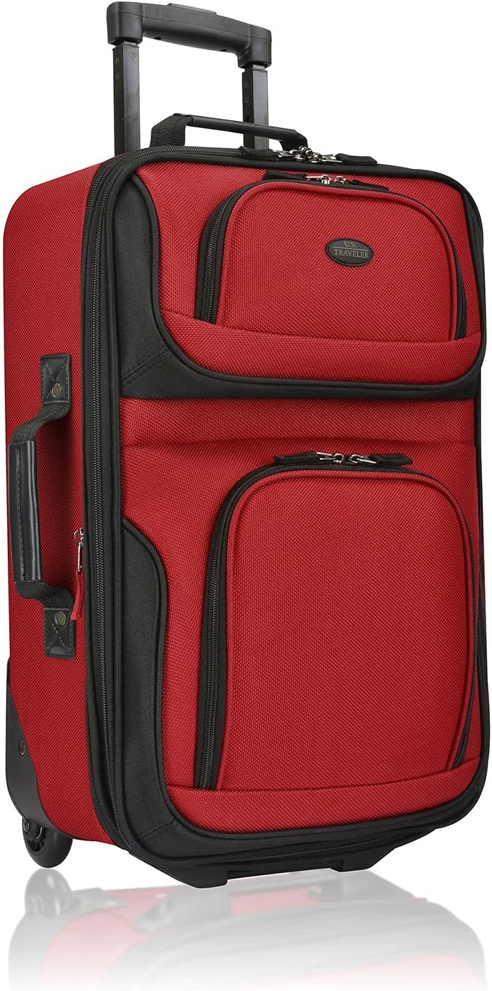 U.S. Traveler Lightweight Rolling 20" Carry On Luggage Softside Suitcase, Red, 2-Wheel Single
