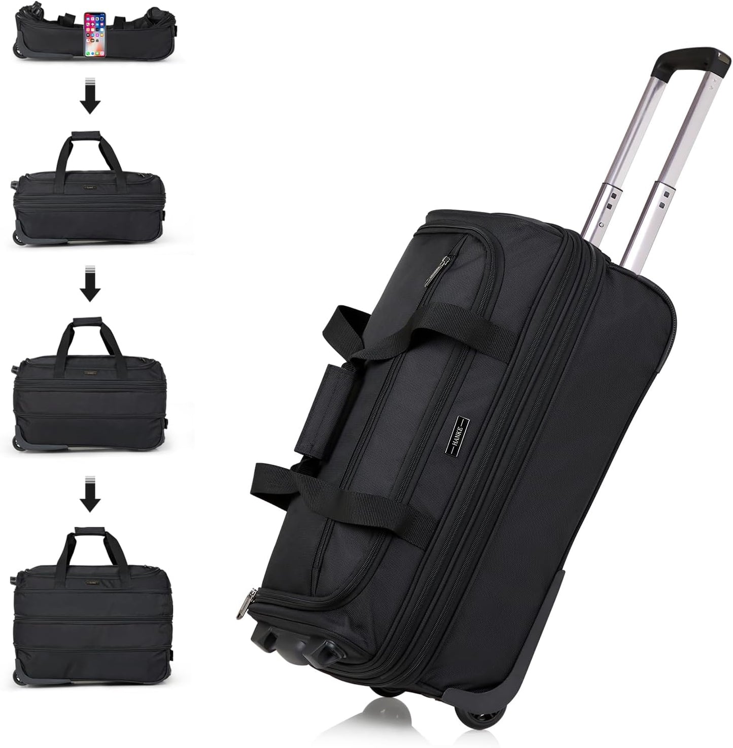 Hanke Expandable Carry On Luggage Suitcases with Wheels Foldable Duffle Bag for Travel Carry On suitcase Weekend Bag for Women Men（Black）