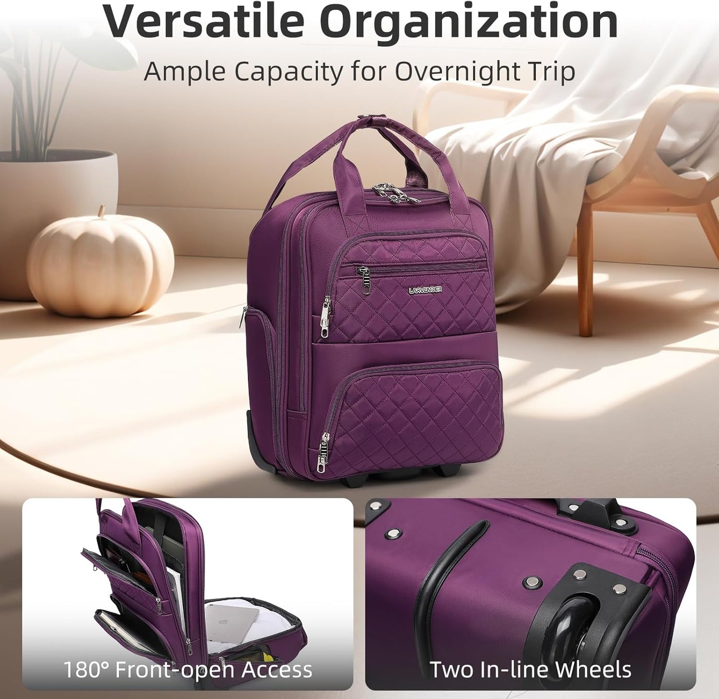 LARVENDER Underseat Carry On Luggage with Wheels Softside 16-inch Underseater Luggage Lightweight Overnight Suitcase for Men Women, Purple, 3 Piece (16/BP/TB)