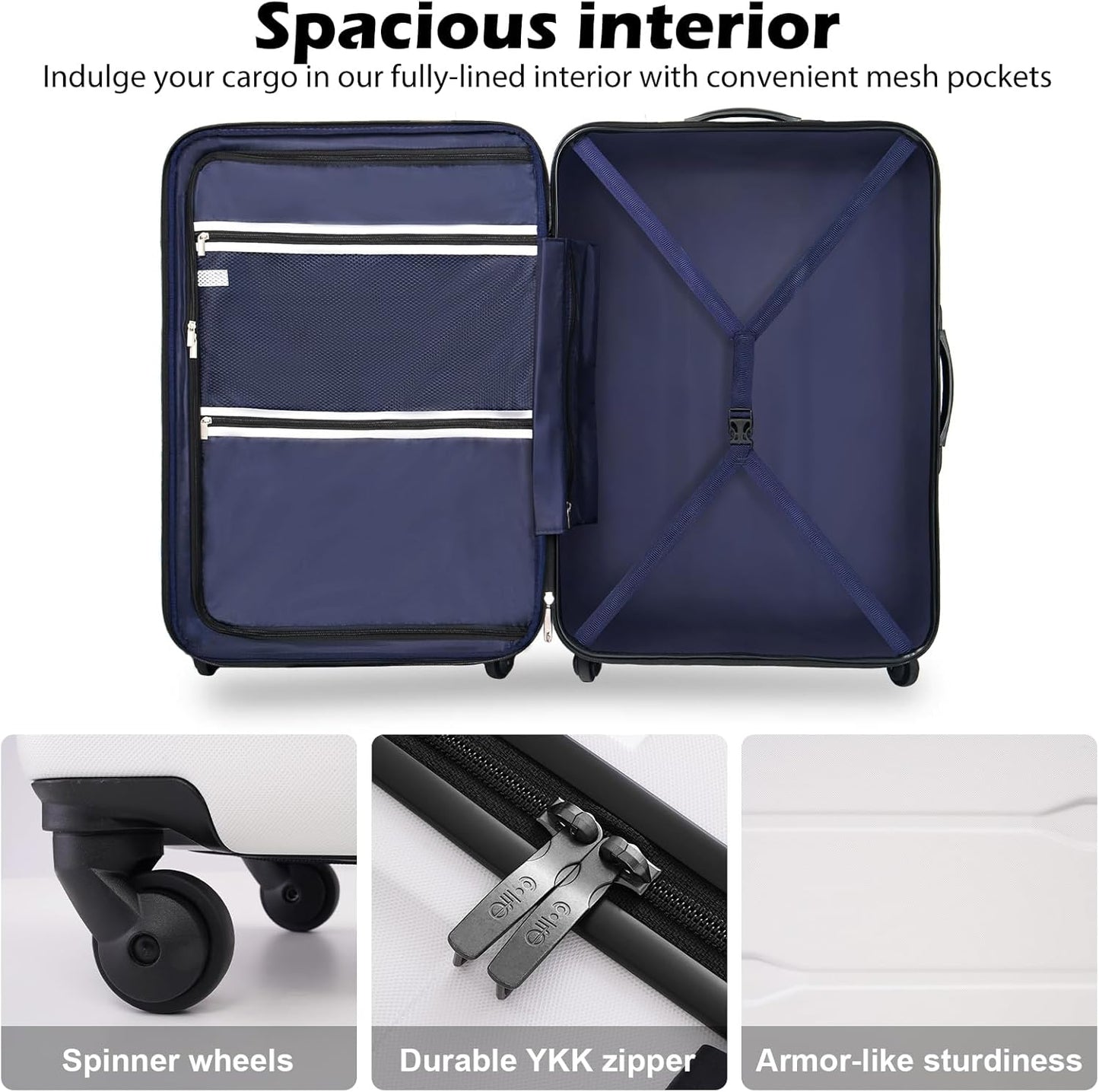 Coolife Luggage PC+ABS Hardshell Suitcase with TSA Lock, Spinner Checked Lightweight (White, 24in)