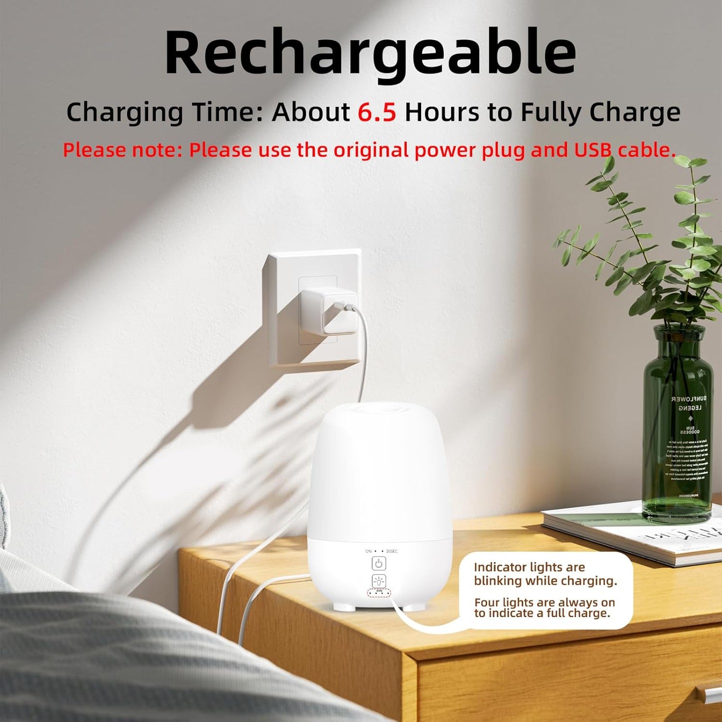 150ML Cordless Essential Oil Diffuser, Built-in 6000mAH Rechargeable Battery, 7 Hours Run Time, 7 Colors LED Light, Portable Aromatherapy Diffuser for Home, Outdoor, Travel (White)