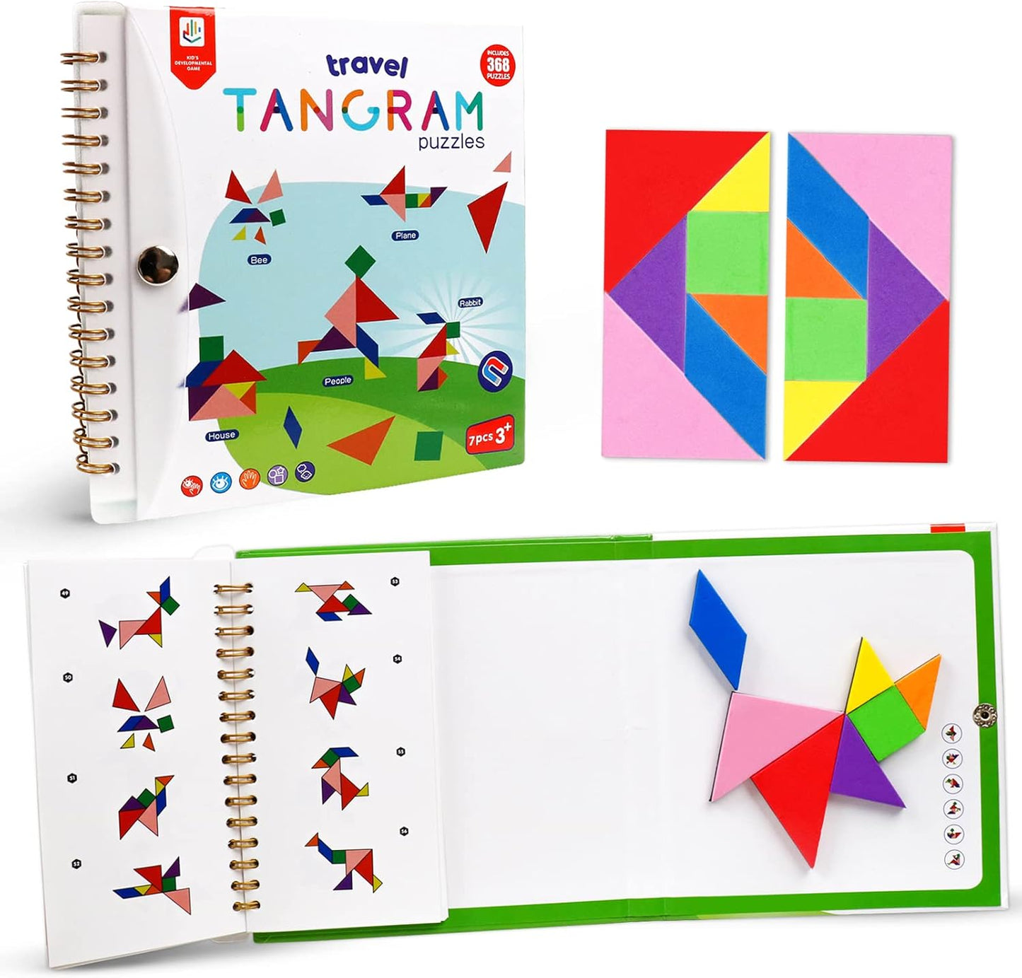 USATDD Travel Tangram Puzzle with 2 Set, Magnetic Pattern Blocks Road Trip Travel Games Jigsaw Montessori Brain Blocks IQ Book with 368 Solution Brain Teasers for Kids Adults Challenge