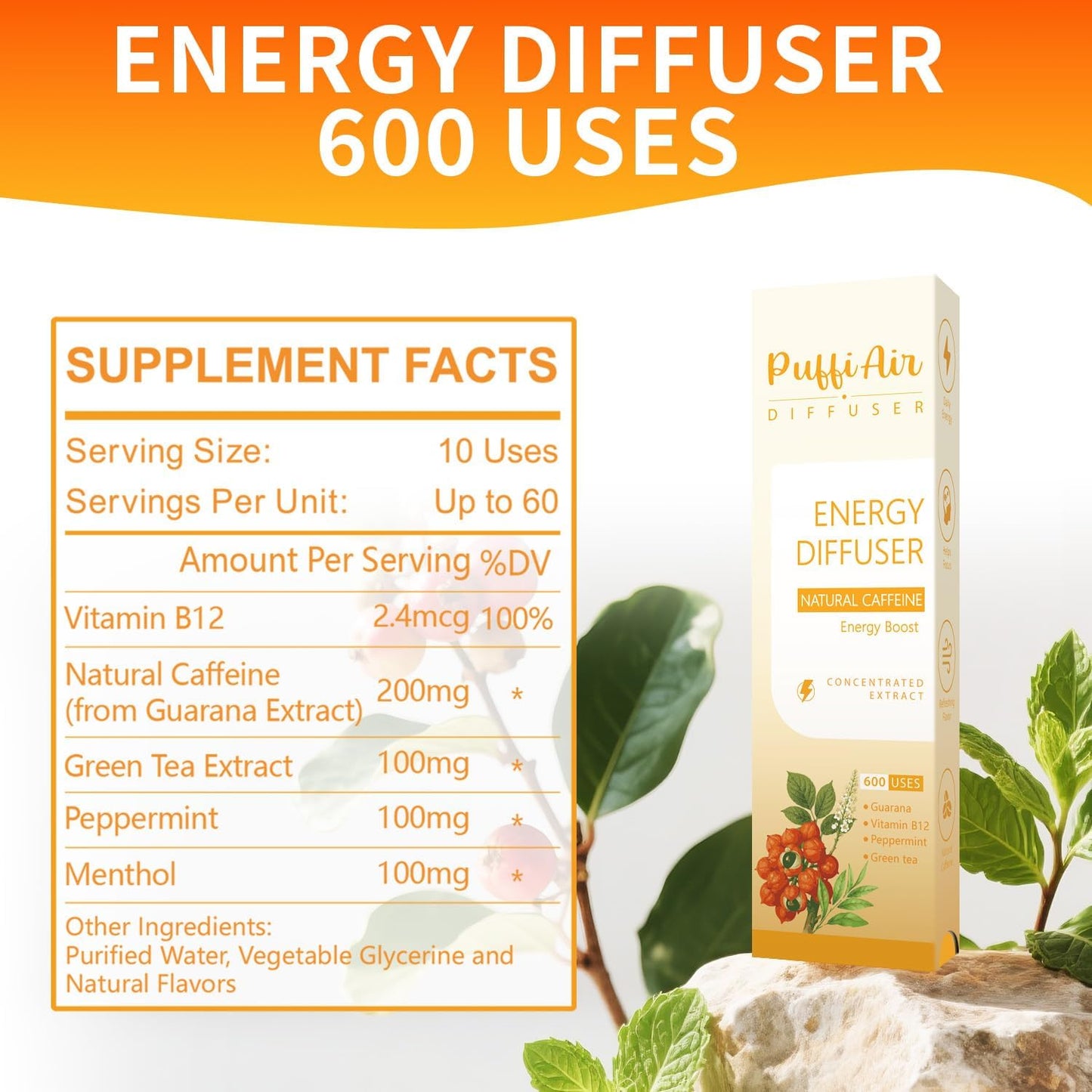 Herbal Diffuser Duo with Mullein, Guarana & More丨Day Vitality Duo for Fresh Breath & Energy Boost Support - 600 Uses Per Stick