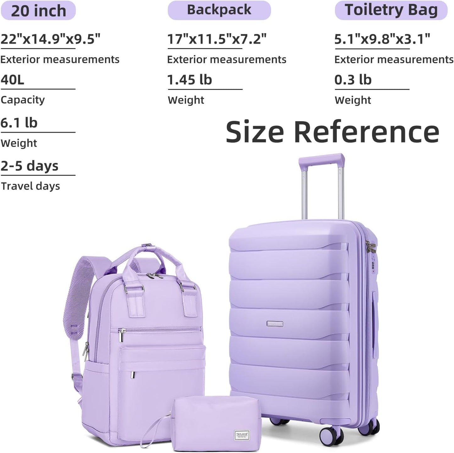 Carry On Luggage 22x14x9 Airline Approved, 22 Inch PP Hardshell Luggage Carry-on Suitcase with Spinner Wheels, Carry On Suitcase Set for Women (Lavender)