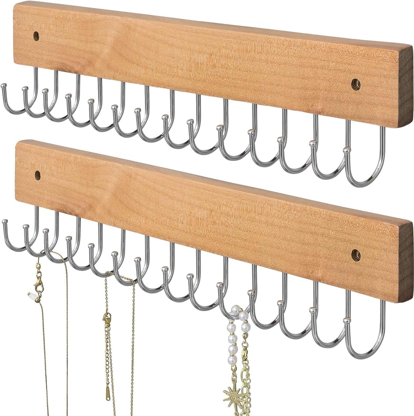 Wall Mounted Necklace Holder, Farmhouse Style Necklace Holder, Tangle Free Wall Jewelry Organizer with 28 Hooks(2 Packs,Natural)