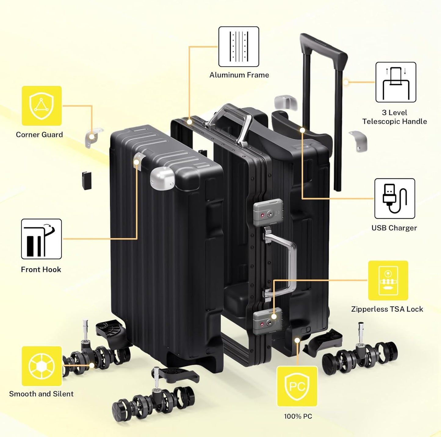 Krute Checked Aluminum Frame Suitcase 24 Inch Zipperless Luggages Hardside PC Luggage With Spinner Wheels TSA Lock USB Charger Suitcases(1 Piece)