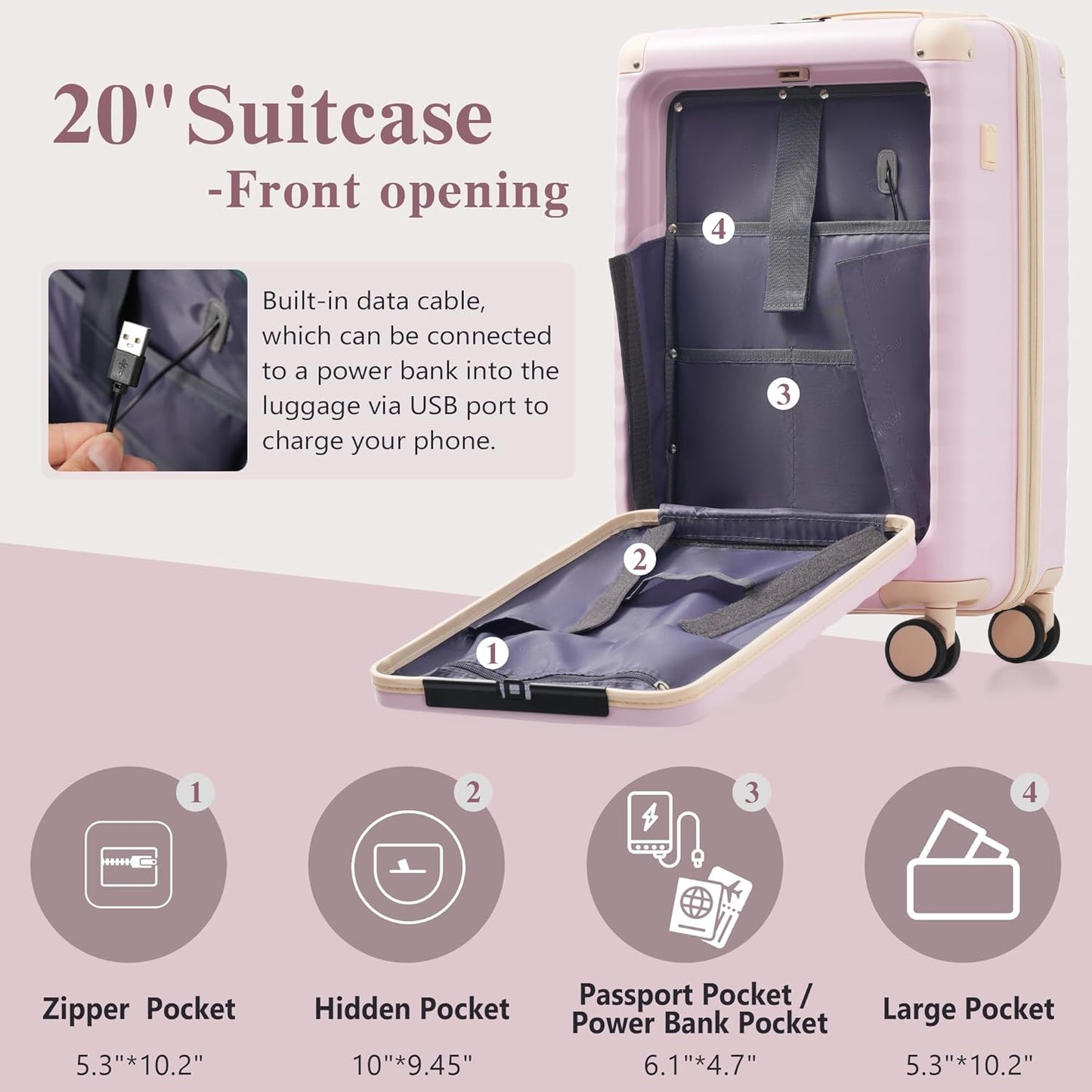 Merax Luggage Sets 3 Piece Front Opening, Hardside Lightweight Carry on Suitcase with Cup Holder USB Port,Durable Expandable Luggage with Bags Spinner Wheels and TSA Lock,Pink