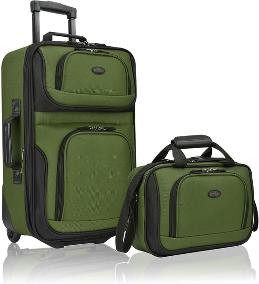 U.S. Traveler, Rio Rugged Fabric Expandable Upright Rolling Carry-on Luggage Set w/ Tote Bag, Green, 2-Piece (21/14)