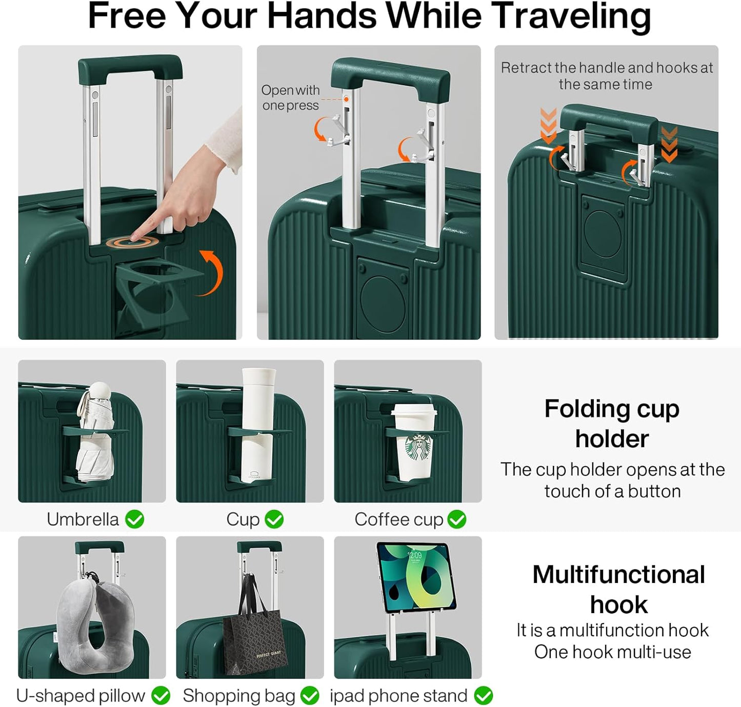 mixi Carry On Luggage with Cup Phone Holder Hard Shell Rolling Travel Suitcases with Spinner Wheels,20 Inch Blackish Green