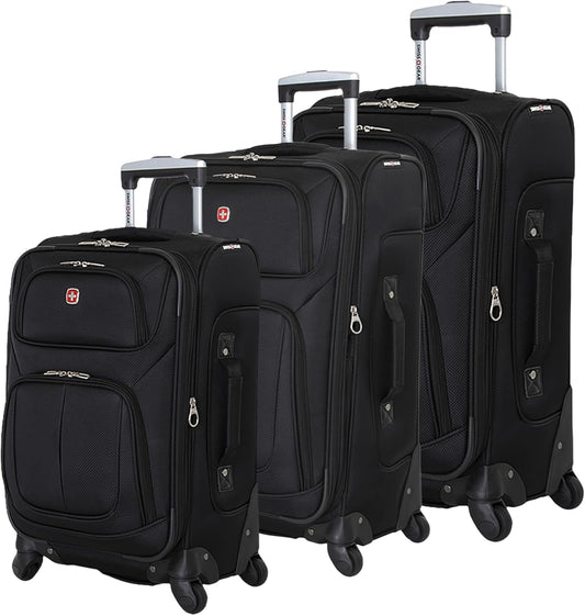 SwissGear Sion 3-Piece Set, Softside Expandable Luggage – 21 Inch Carry-On & 25 & 29 Inch Checked Suitcases with 360 Degree Wheels & Retractable Handles – Black