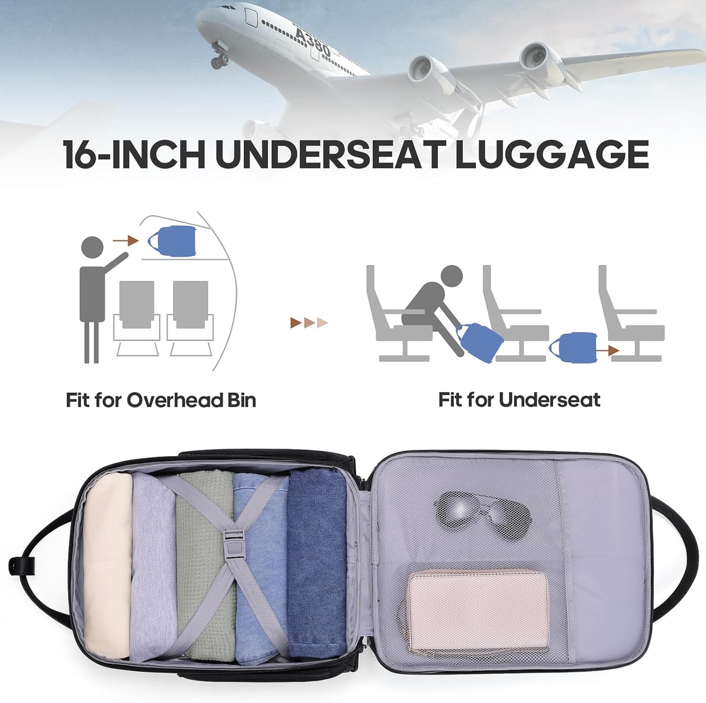 Carry-on Underseat 16-inch Luggage with Wheels, Softside Rolling Carry-on, Lightweight Travel Suitcase for Men Women, Personal Item Rolling Travel Bag