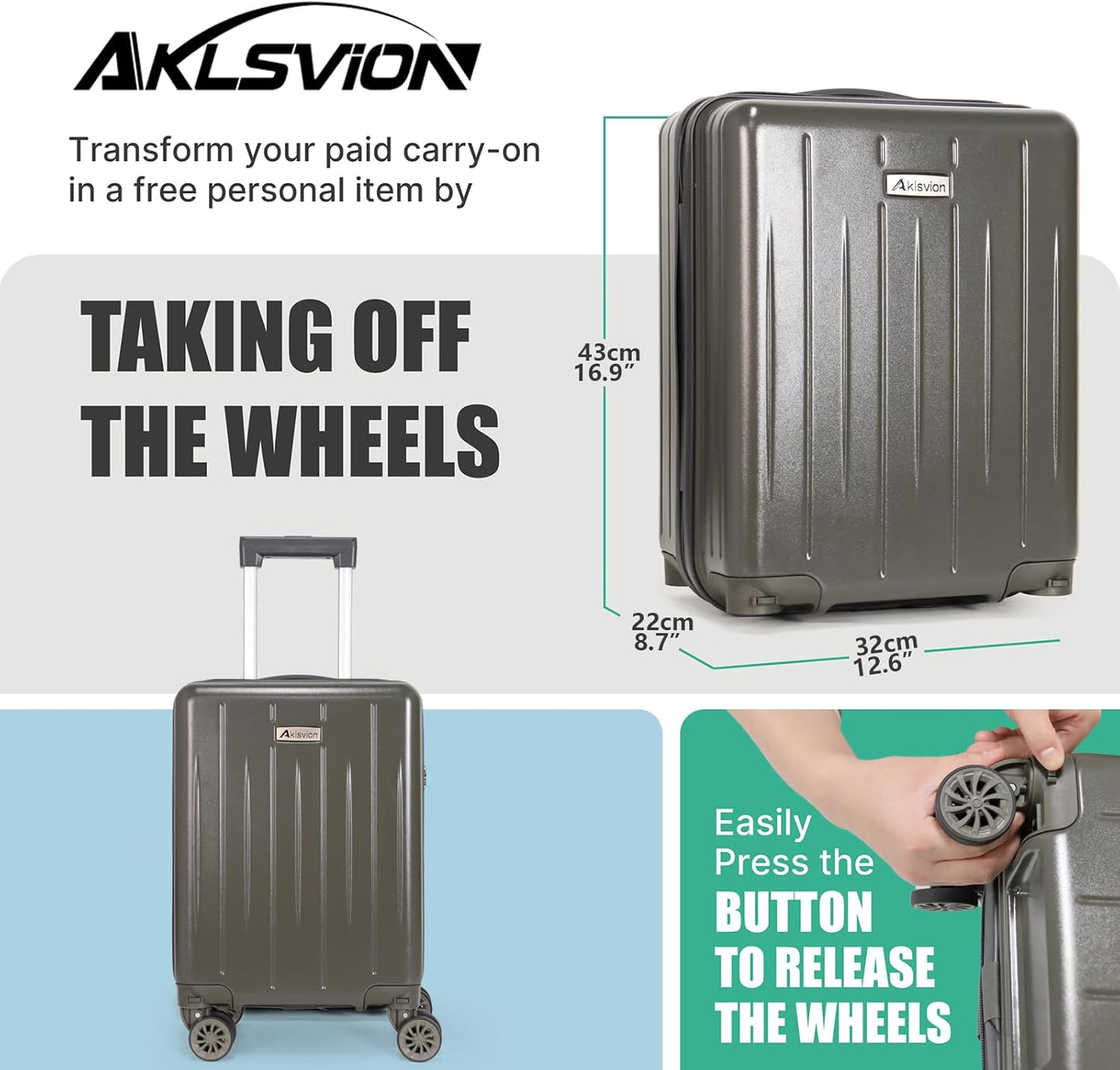 18-inch Carry-on Boarding Luggage: Equipped with Movable Wheels, TSA Approved,Under the Seat, Hard Shell Construction, Lightweight Bag with Essential Accessories (Greenish Grey)