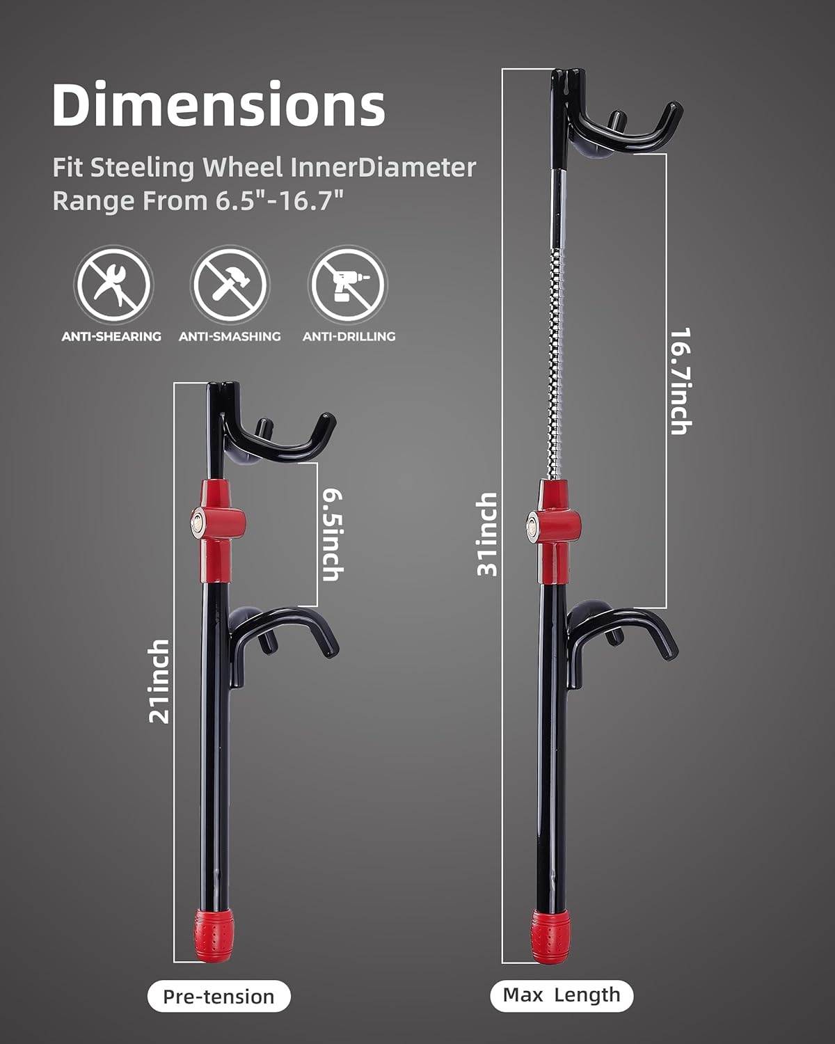 Dodomes Steering Wheel Lock Anti-Theft Heavy Duty Secure Car Device, Adjustable Length Clamp Double Hook Locks Universal Fit Black