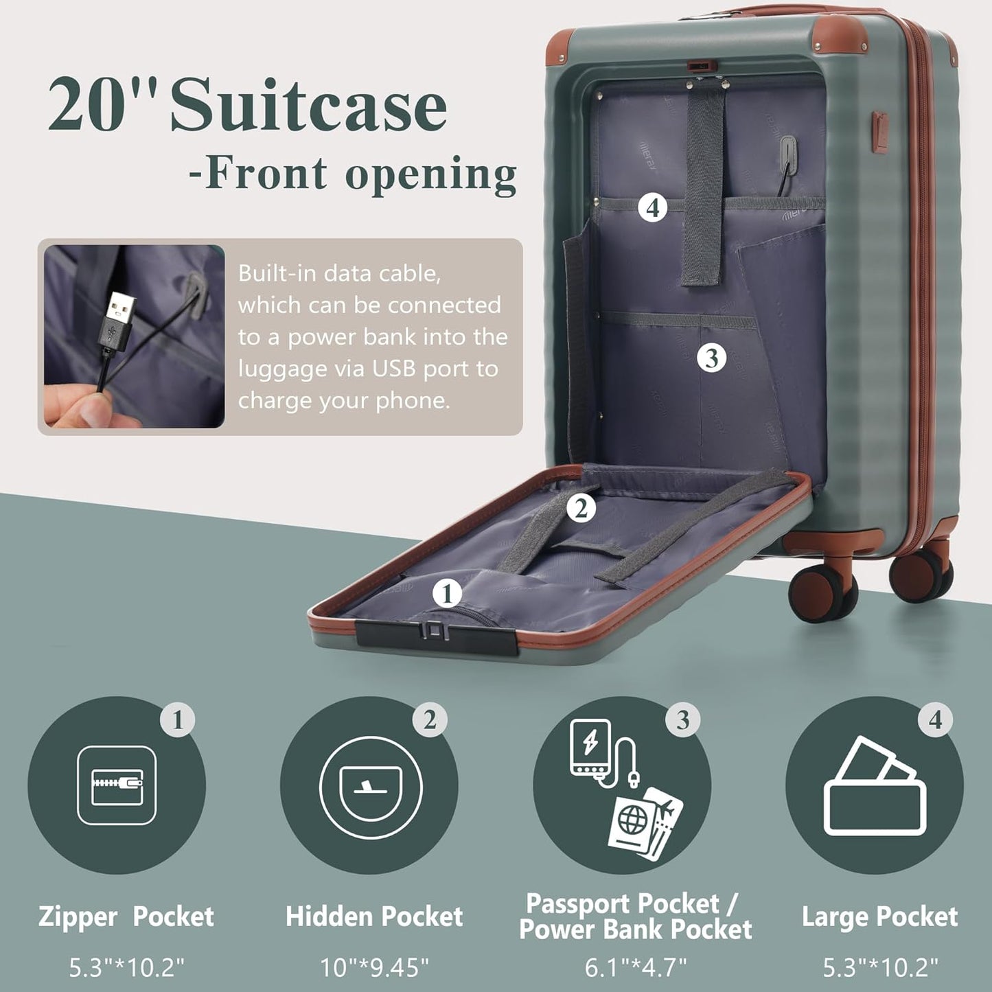 Merax Luggage Sets 3 Piece Front Opening, Hardside Lightweight Carry on Suitcase with Cup Holder USB Port,Durable Expandable Luggage with Bags Spinner Wheels and TSA Lock,Grey Green