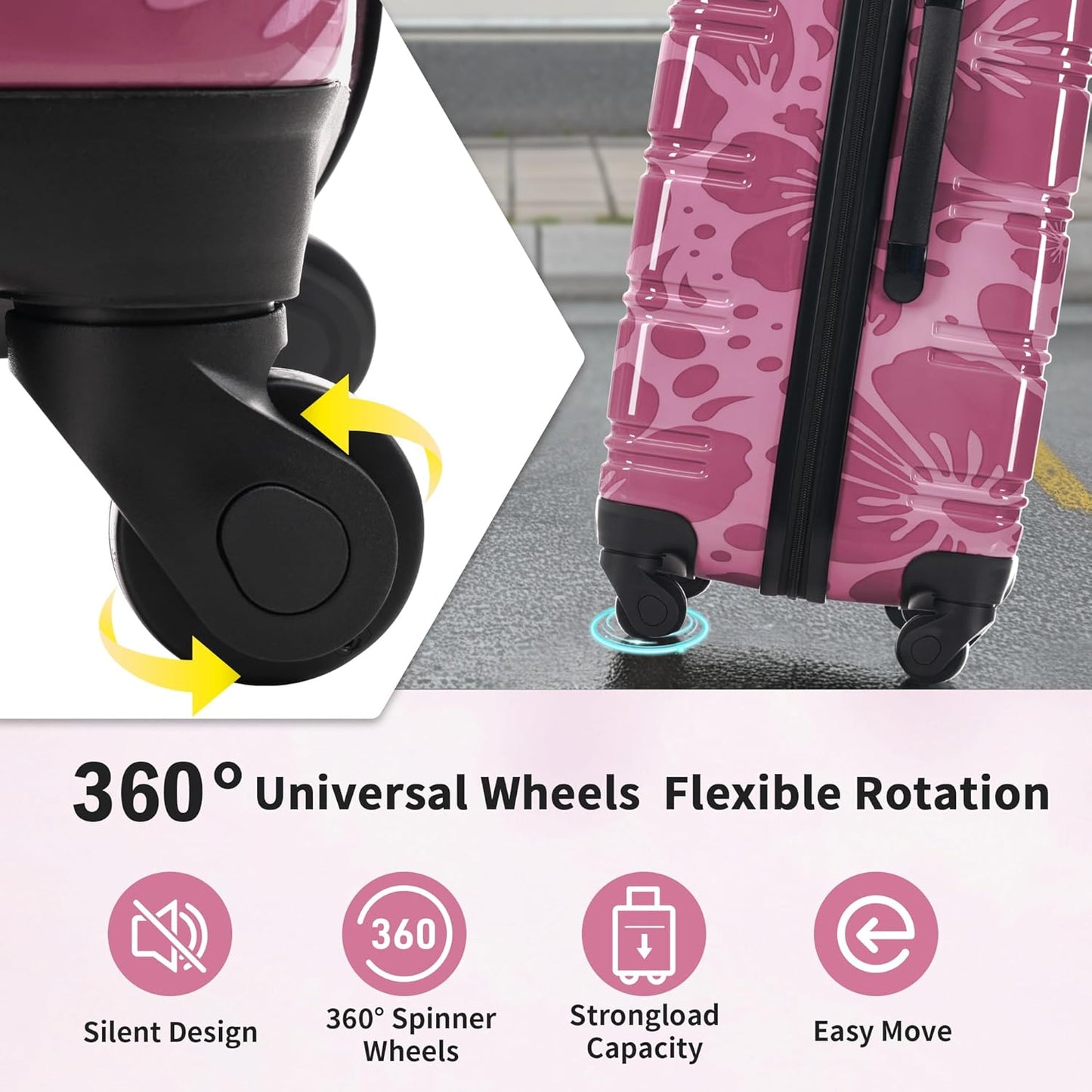 Merax Luggage Sets 3 Piece, Hardside Suitcase Set with Spinner Wheels, Lightweight Printing Luggage Carry on,20+24+28 IN,Purple Pink