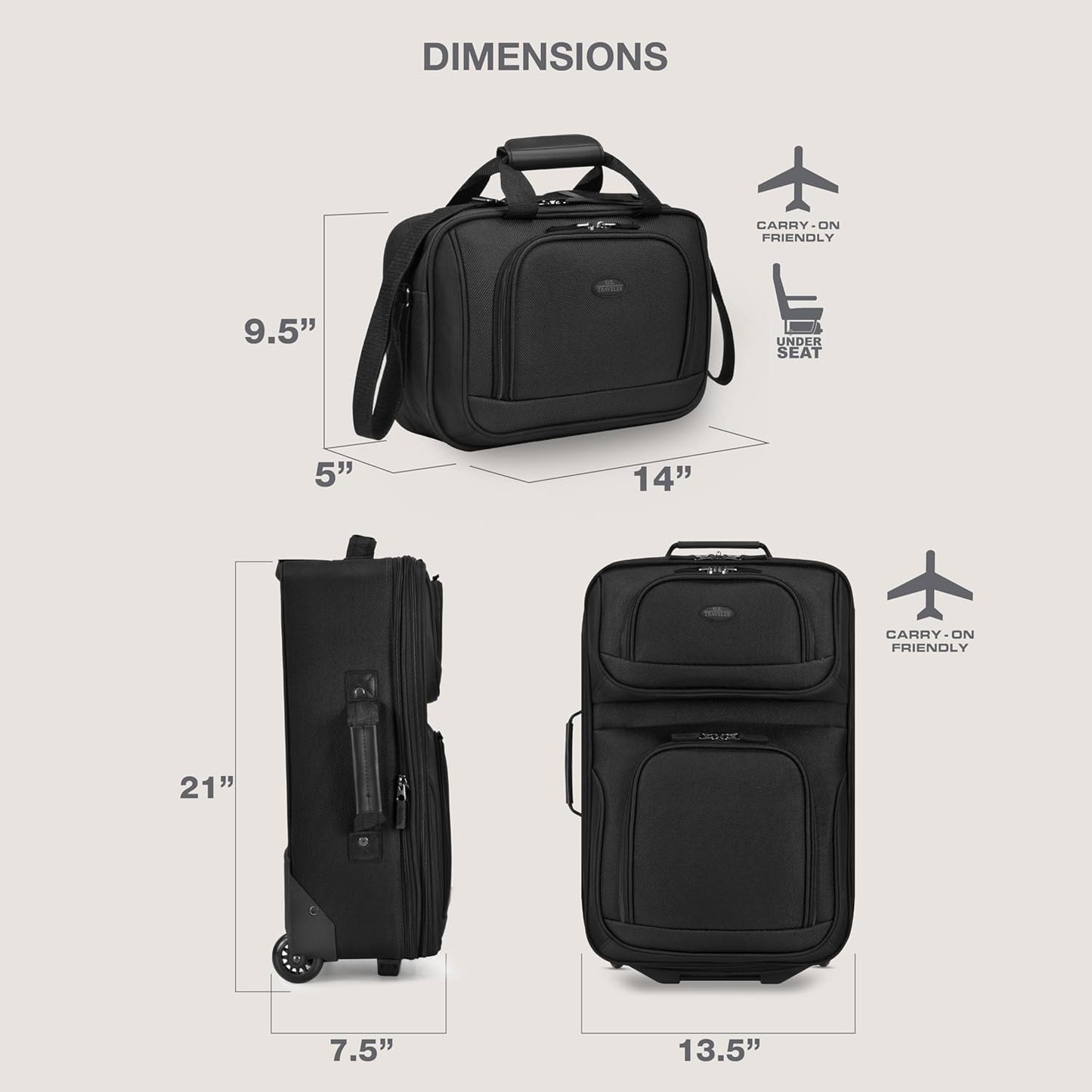 U.S. Traveler, Rio Rugged Fabric Expandable Upright Rolling Carry-on Luggage Set w/ Tote Bag, Black, 2-Piece (21/14)