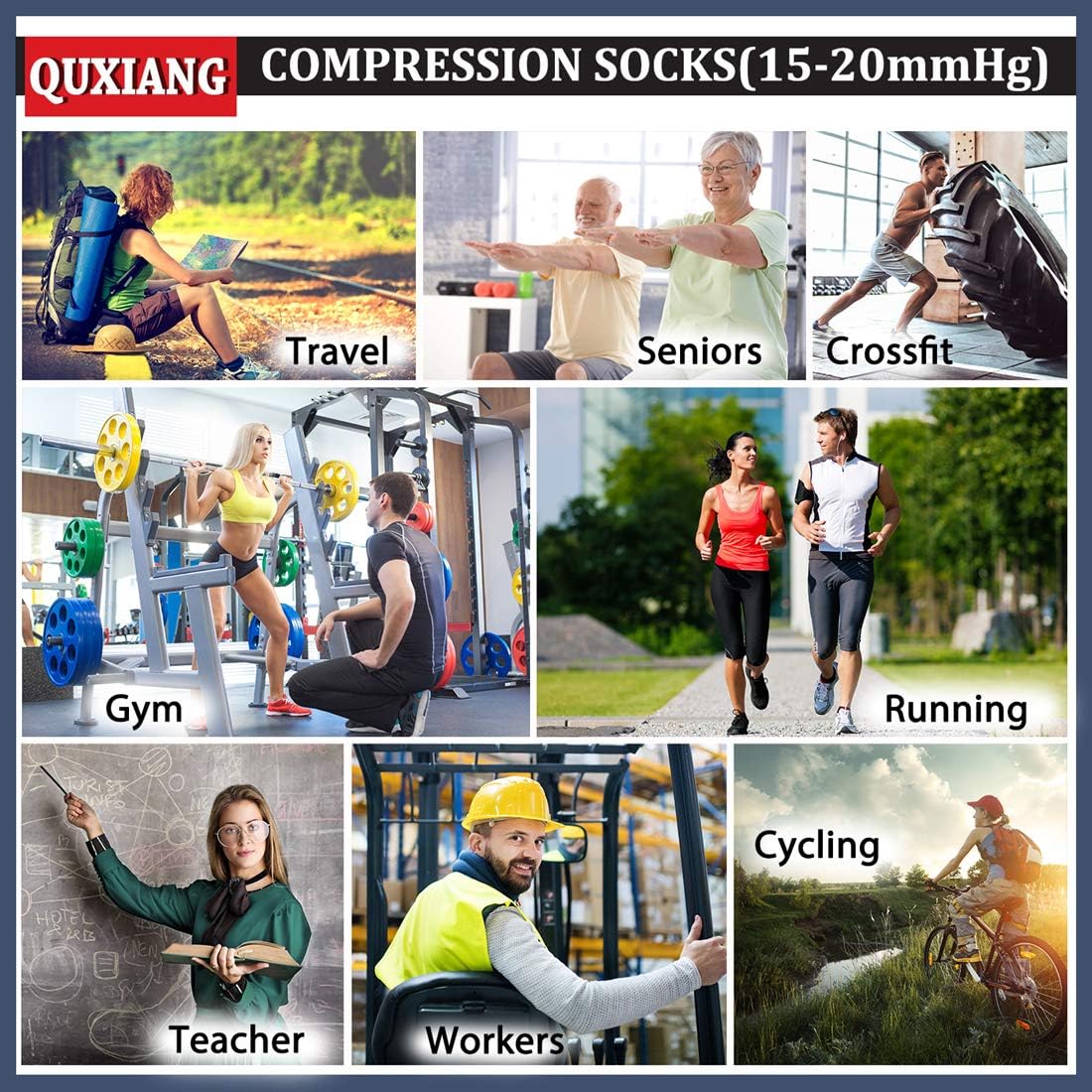 QUXIANG Copper Compression Socks for Women & Men Circulation (8 Pairs) - Best for Running Athletic Cycling - 15-20 mmHg