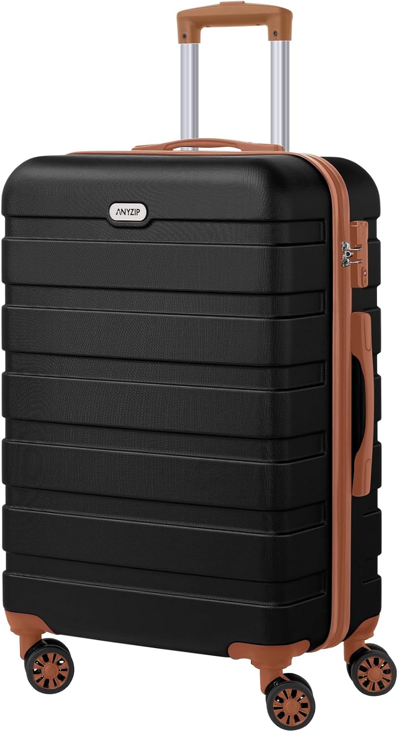 AnyZip Luggage PC ABS Hardside Lightweight Suitcase with 4 Universal Wheels TSA Lock Checked-Medium 24 Inch Black Brown