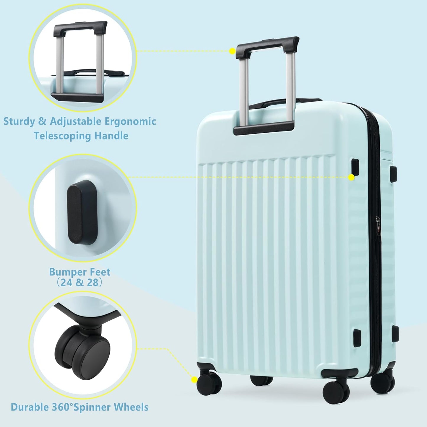 Merax 3 Piece Luggage Sets, Hardside Lightweight Carry on Suitcase,Durable Expandable Luggage with Travel Bags Spinner Wheels and TSA Lock,Light Blue