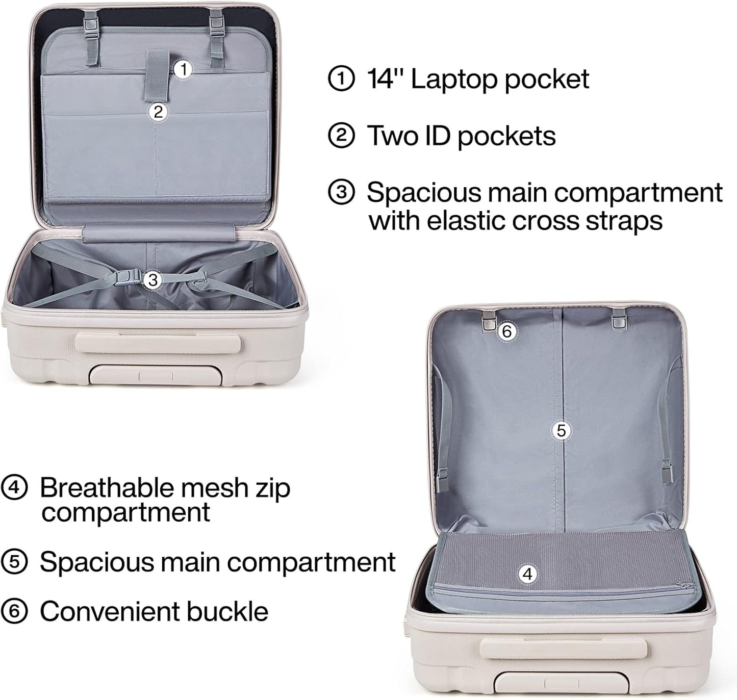 Hanke 16 Inch Underseat Carry on Luggage with Wheels Small Hard Shell Suitcases for Weekender,Travel Approved Lightweight Travel Luggage Suitcase for Womem Men,Christmas Gifts for Birthday-Ivory White