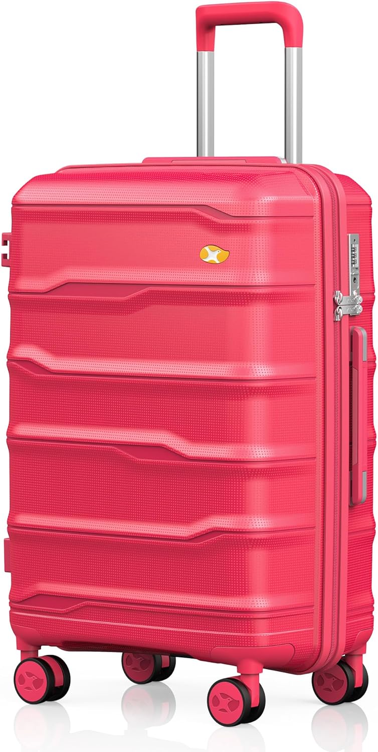 MGB Medium Luggage with Spinner Wheels Lightweight PP Hybrid Shell Suitcase With TSA Lock, Checked-Medium Luggage for Travel, Amaranth Red