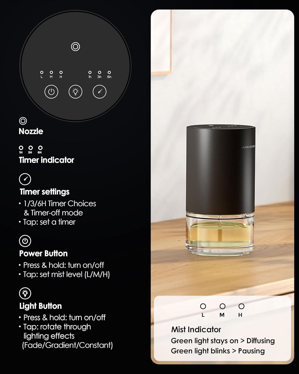 Airversa Essential Oil Diffuser Waterless Aromatherapy Diffusers for Home Large Room, Bedroom, Car, Office, Desk, Battery Operated, Small Diffuser for Pure Scent, 100mL Capacity, AN9 (Ice Blue)