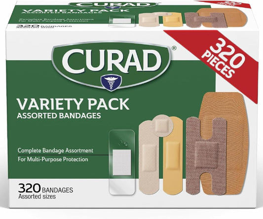 CURAD Assorted Bandages Bulk Variety Pack | 320 Count |5 Styles Including Waterproof, Sheer, Plastic, Heavy Duty & Flex-Fabric | First Aid Kit Essentials | Protects Scrapes, Cuts & Burns