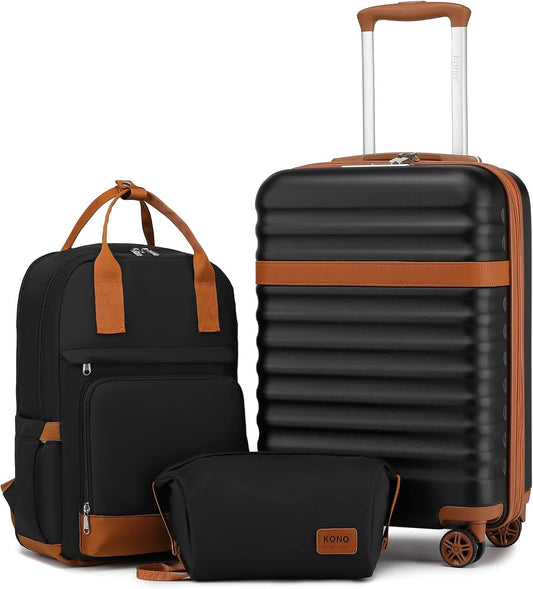 Kono Airline Approved Suitcase Set 3 Piece Luggage Set Lightweight Carry On Travel Luggage, TSA Lock Spinner Wheels Hardshell (Black/Brown, (BP/TB/20))