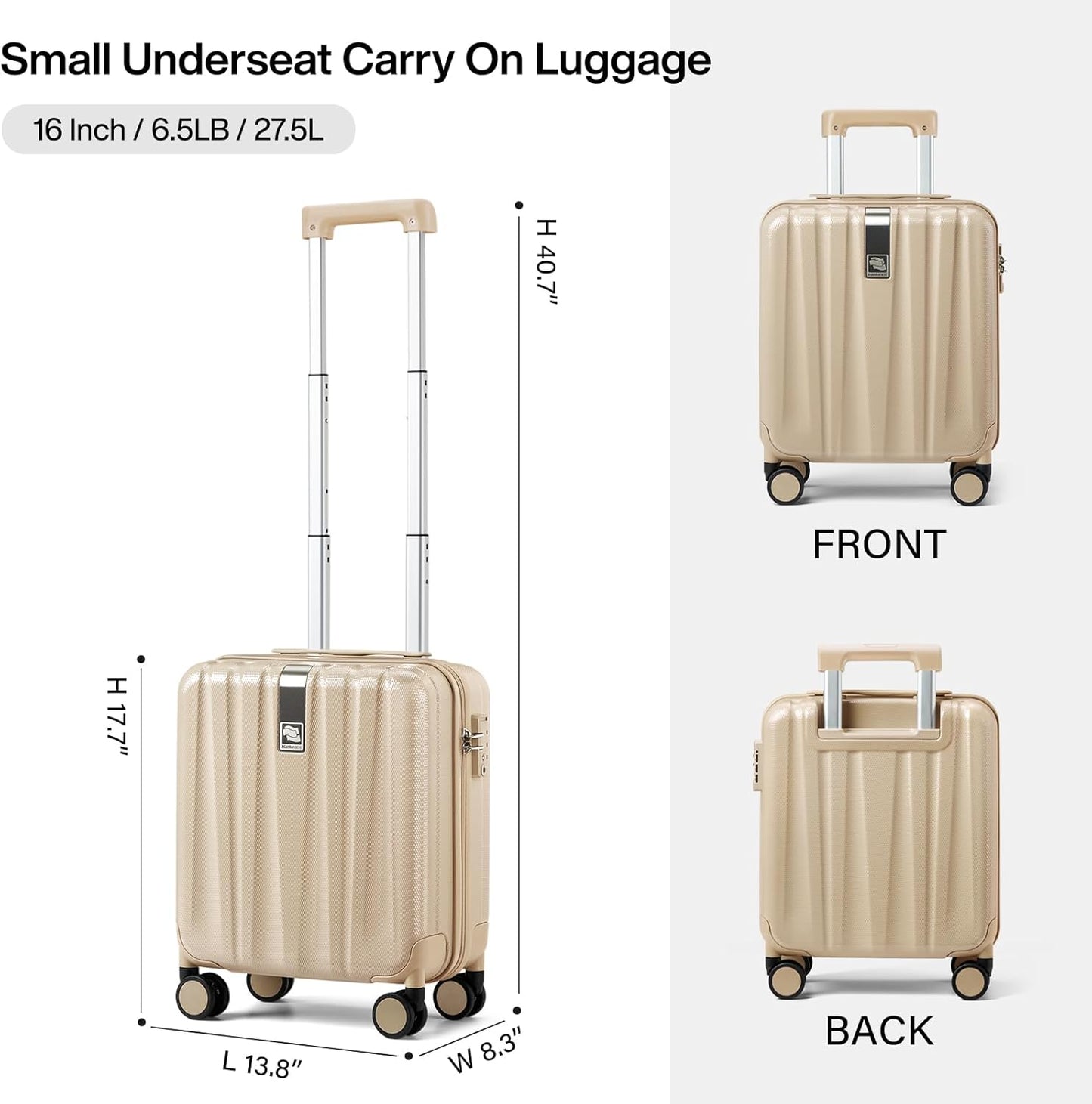 Hanke 16 Inch Underseat Carry on Suitcases with Wheels,Lightweight Hard Shell Carry on Luggage for Weekender, Travel Approved Small Suitcase,Travel Luggage for Womem Men,Cuba Sand pink.