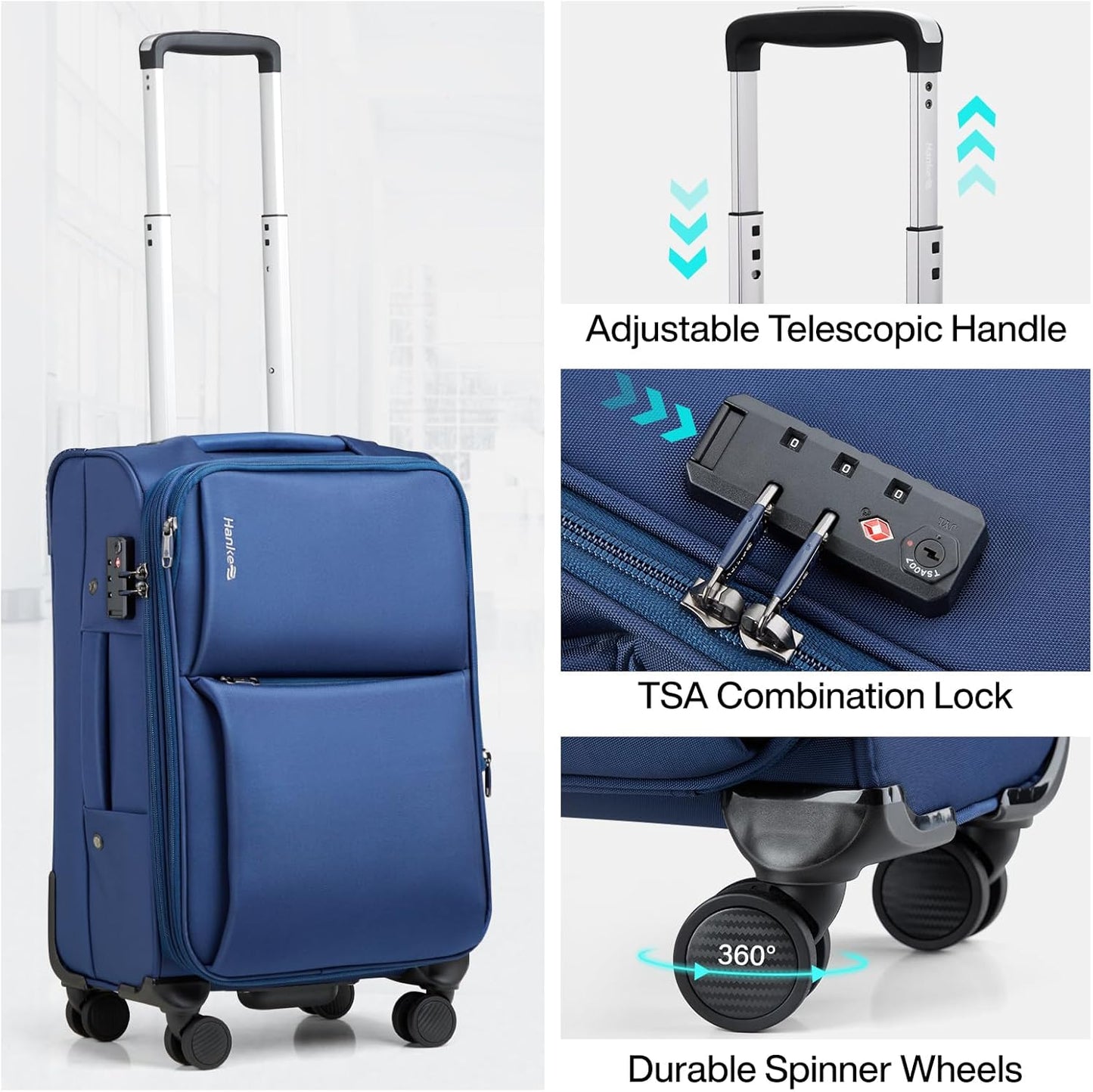 Hanke 24 Inch Luggage Expandable Softside Checked Suitcases with Spinner Wheels, Upright Rolling Luggage Suitcases Travel TSA Luggage Bag for Women Men(Blue)