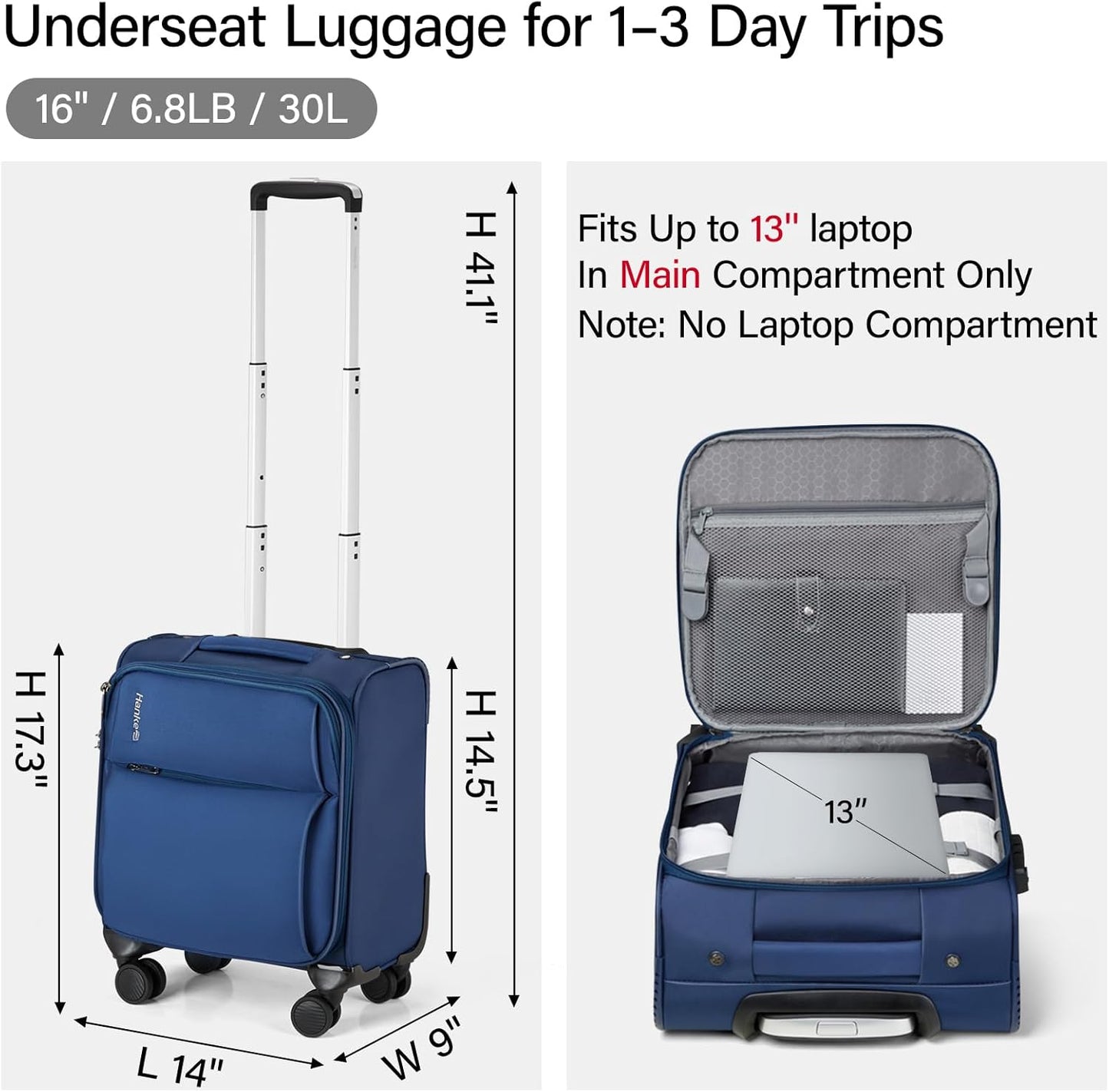 Hanke 16 Inch Underseat Carry On Luggage with Spinner Wheels Airline Approved, Small Rolling Suitcase Softside Underseater Lightweight TSA Travel Roller Suitcase Carry-On Bag(Blue)