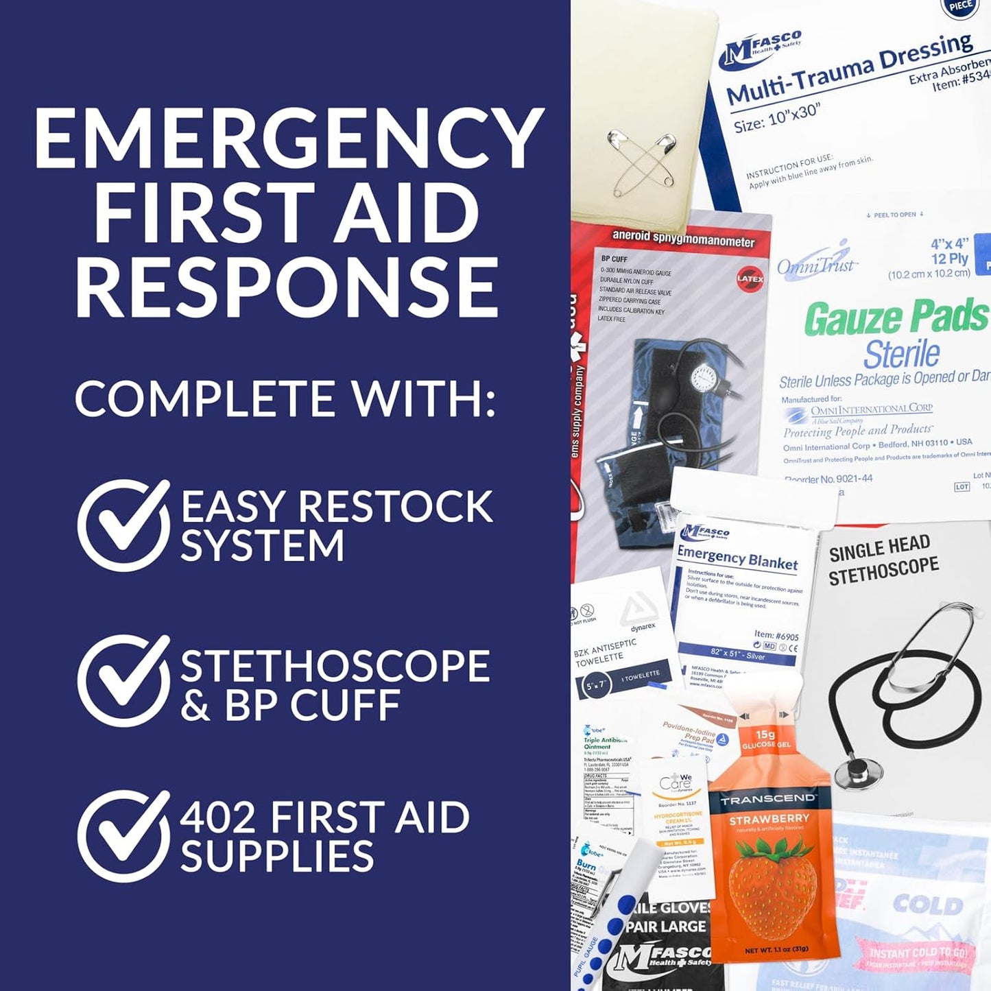 MFASCO First Aid Kit - Fully Stocked Portable Reflective Bag -First Responder Emergency Response Kit-for Natural Disaster Preparedness-Customizable Storage-Includes 415 Pcs First Aid Supplies- Blue