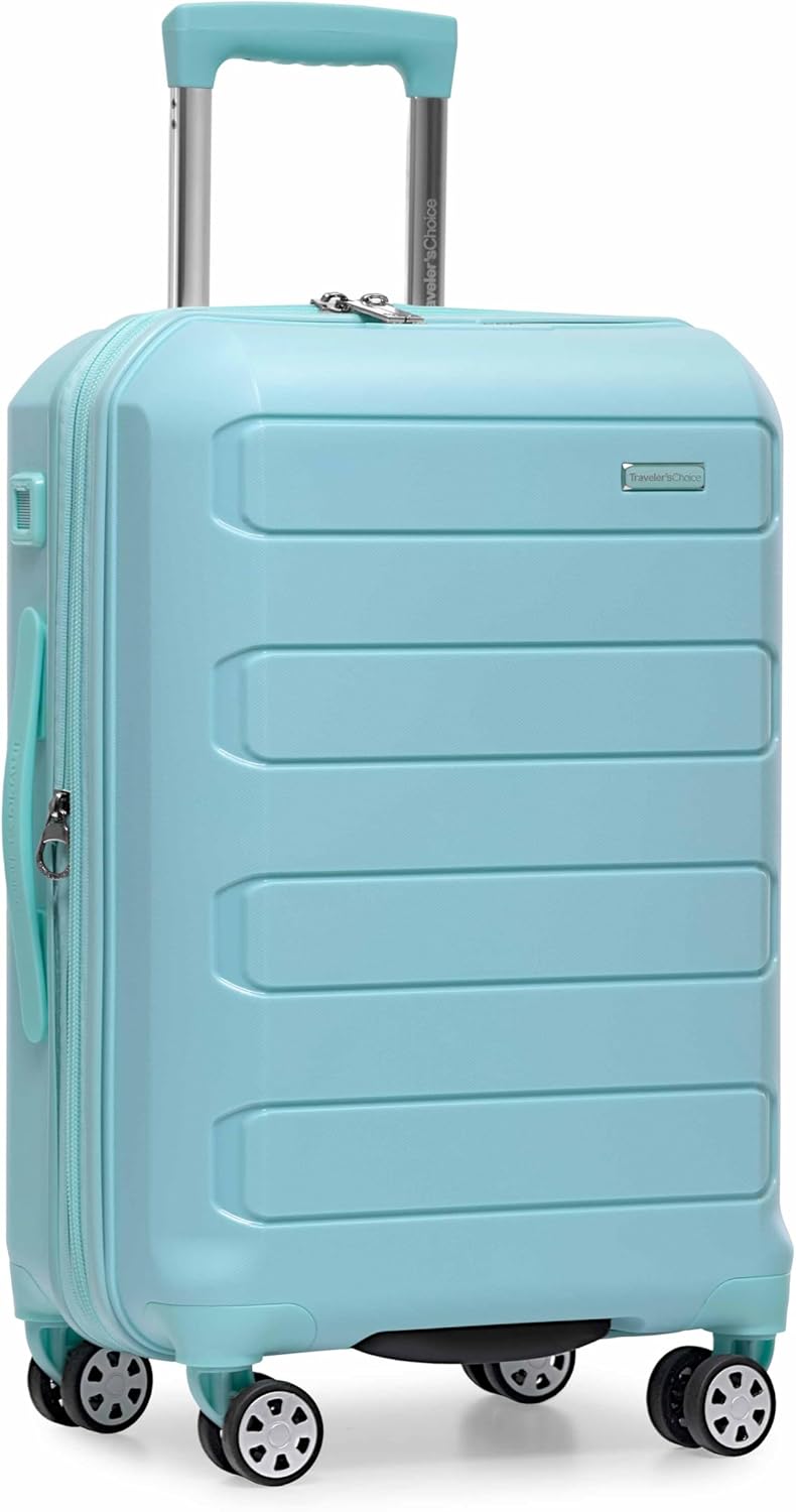 Traveler's Choice Pagosa Indestructible Hardshell Expandable Spinner Luggage, Baby Blue, 22-Inch Carry-on