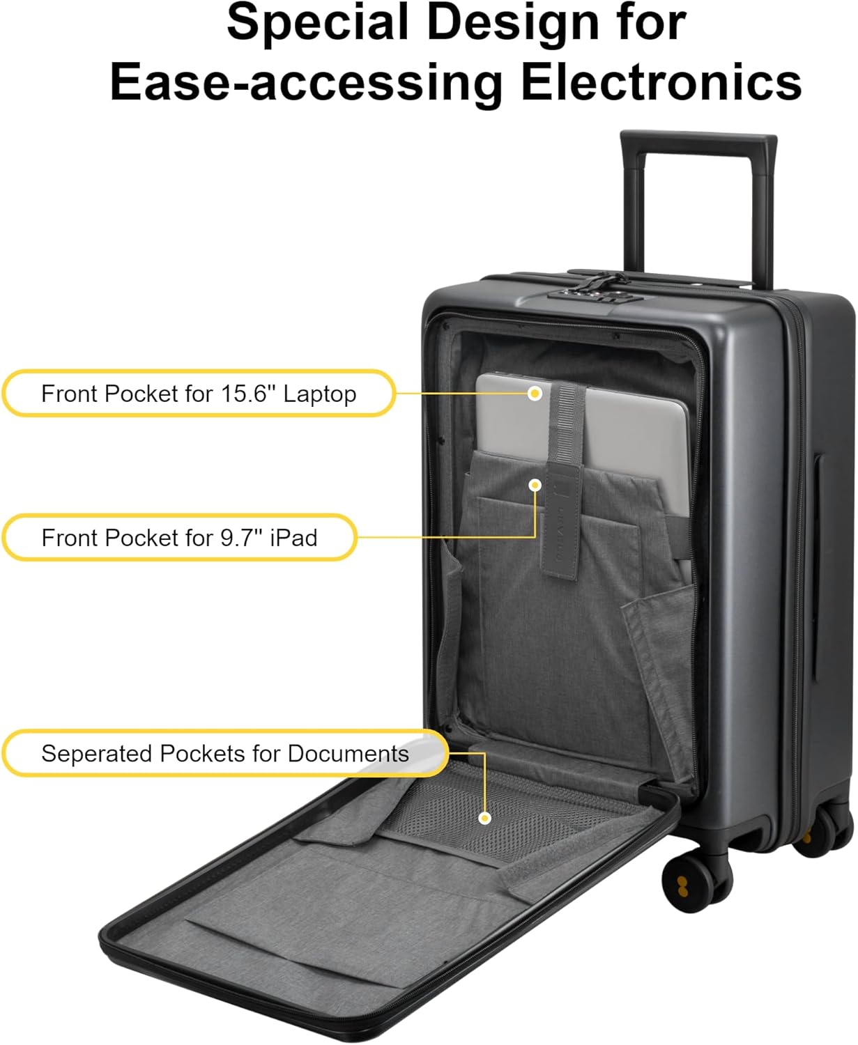LEVEL8 Carry On Luggage with Compartment, 20 Inch Lightweight Hard Shell Rolling Suitcase with Wheels Airline Approved with Front Pocket, Double Tsa Locks, Grey