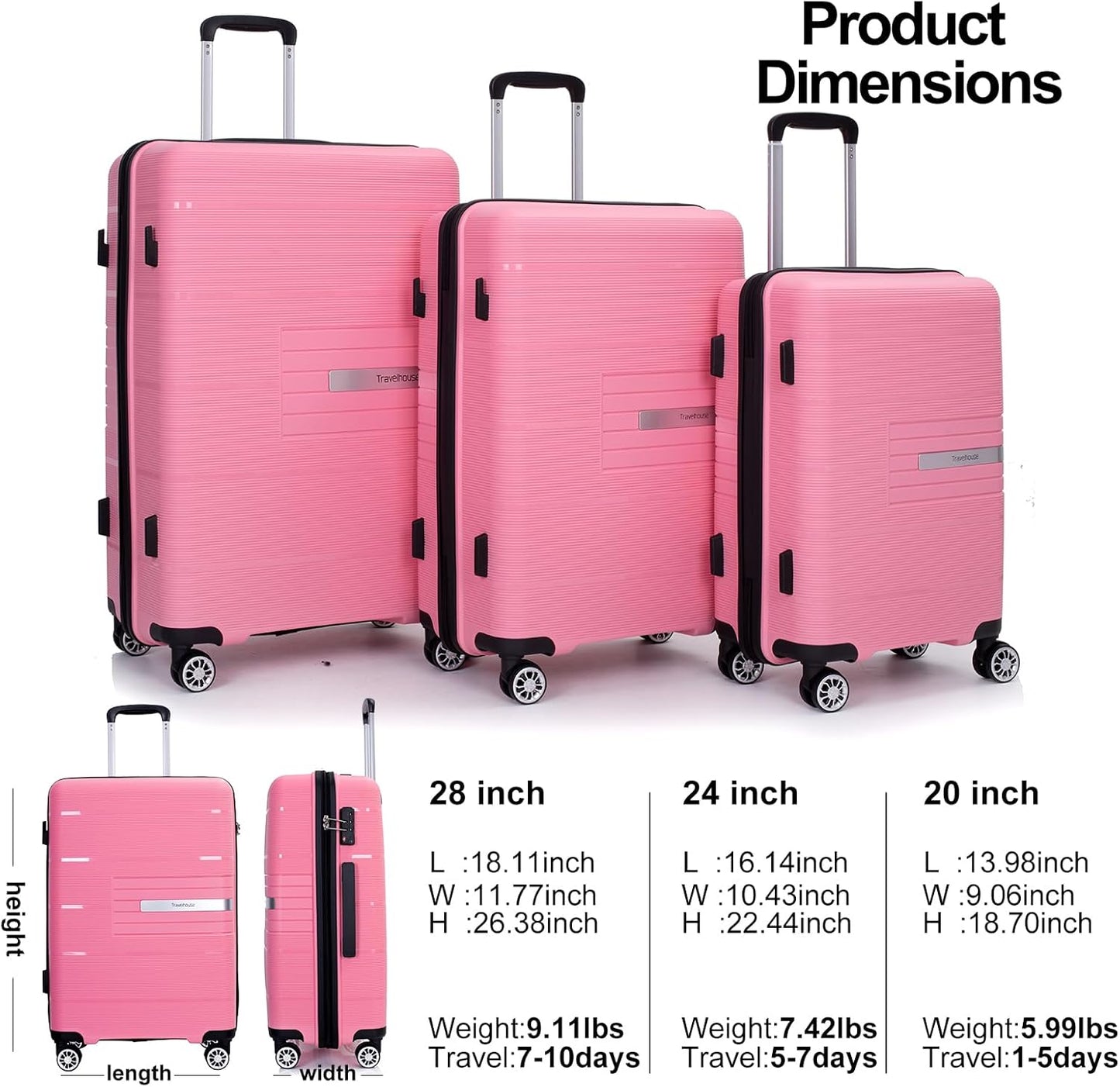 Luggage 3 Piece Sets Suitcase Set with Double Spinner Wheels, Lightweight Carry On Hardside Travel Luggage with TSA Lock, (20/24/28) (Pink)