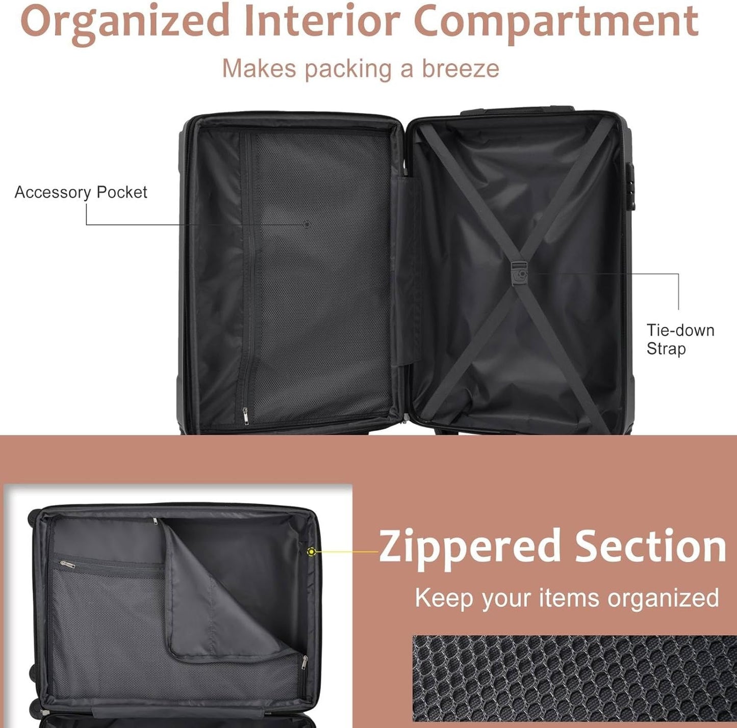 24-inch Expandable Hardshell Checked Luggage with TSA Lock, Durable ABS Suitcase with 360° Silent Dual Wheels, 25% Extra Packing Space, Telescopic Handle, 8 LBS Lightweight, Light Brown