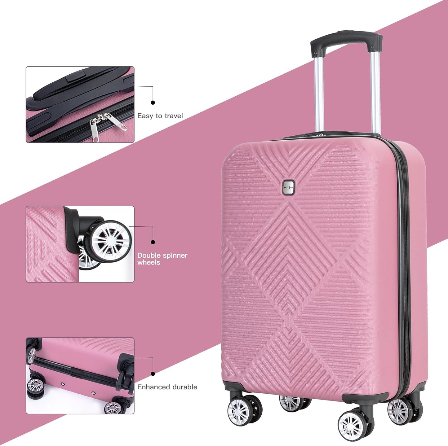 Luggage 4 Piece Set, Hardshell ABS Suitcase Set with Double Spinner Wheels, Lightweight Suitcase, Carry On and Checked Travel Luggage,Rose Pink