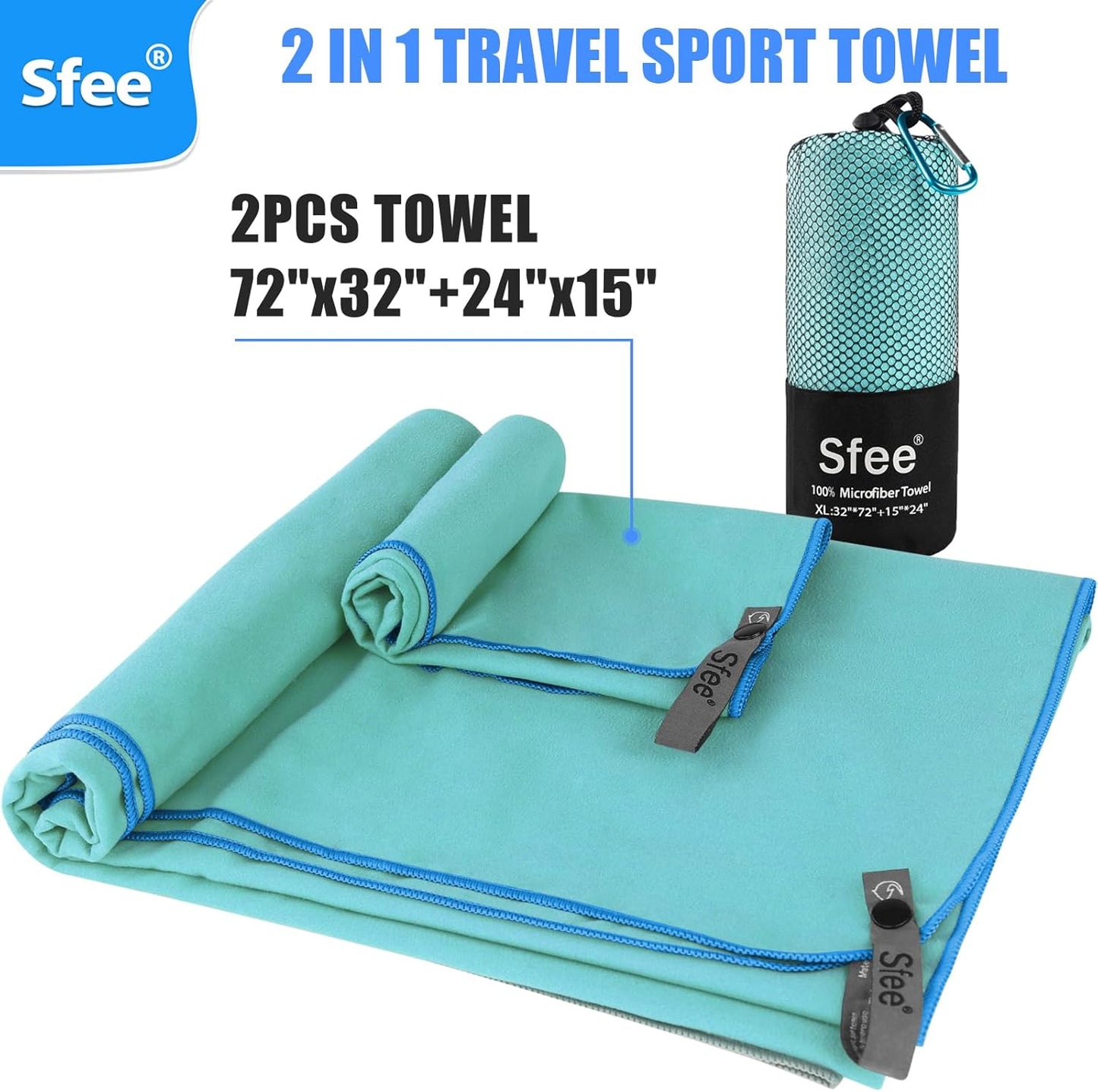 Sfee XL Microfiber Towel, Quick Dry Beach Towel Set 2 Pack - Super Absorbent, Lightweight, Compact, Bath Towel for Travel, Gym, Hiking, Pool, Backpacking, Yoga, Mint