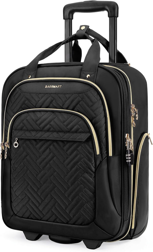 BAGSMART Underseat Carry On Luggage Airline approved,16-inch Small Underseater Softside Travel Suitcase with Wheels Lightweight Overnight Rolling Carry-on Luggage for Women Men Weekender,Black