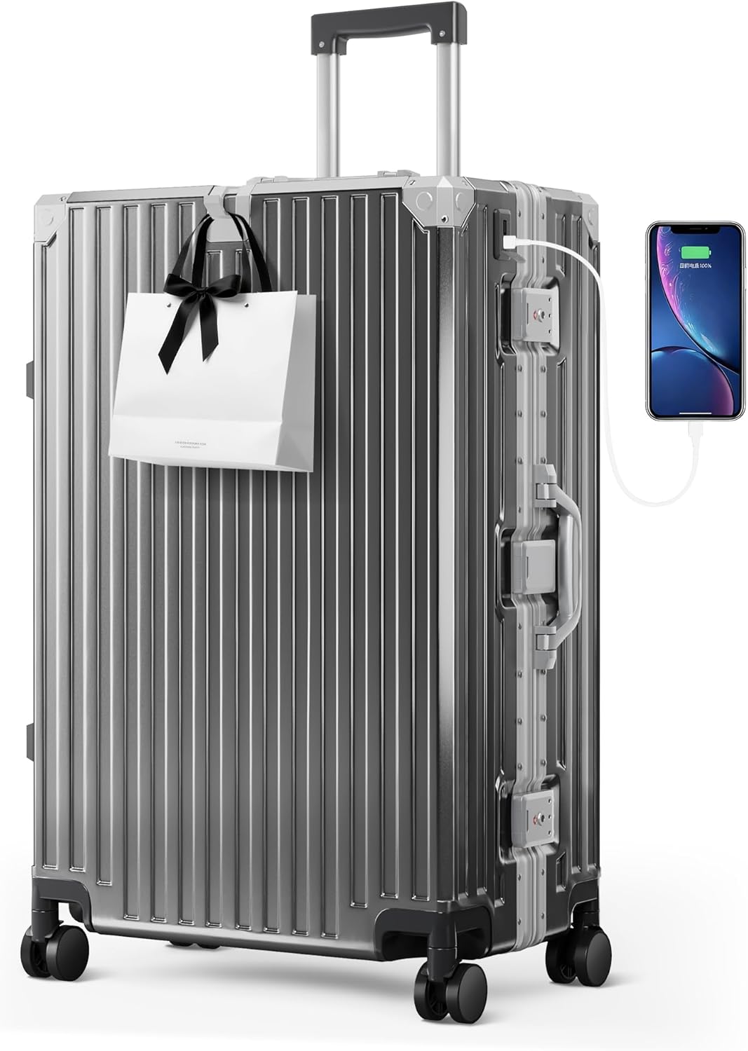 ALPHA CAMP Checked 28 Inch Luggage, Thickened Aluminum Frame Luggage with TSA Spinner Wheels, 3-Layer PC Hard Shell Zipperless Lightweight Travel Suitcase, TypeC USB Charging Port, Cup Holder Grey