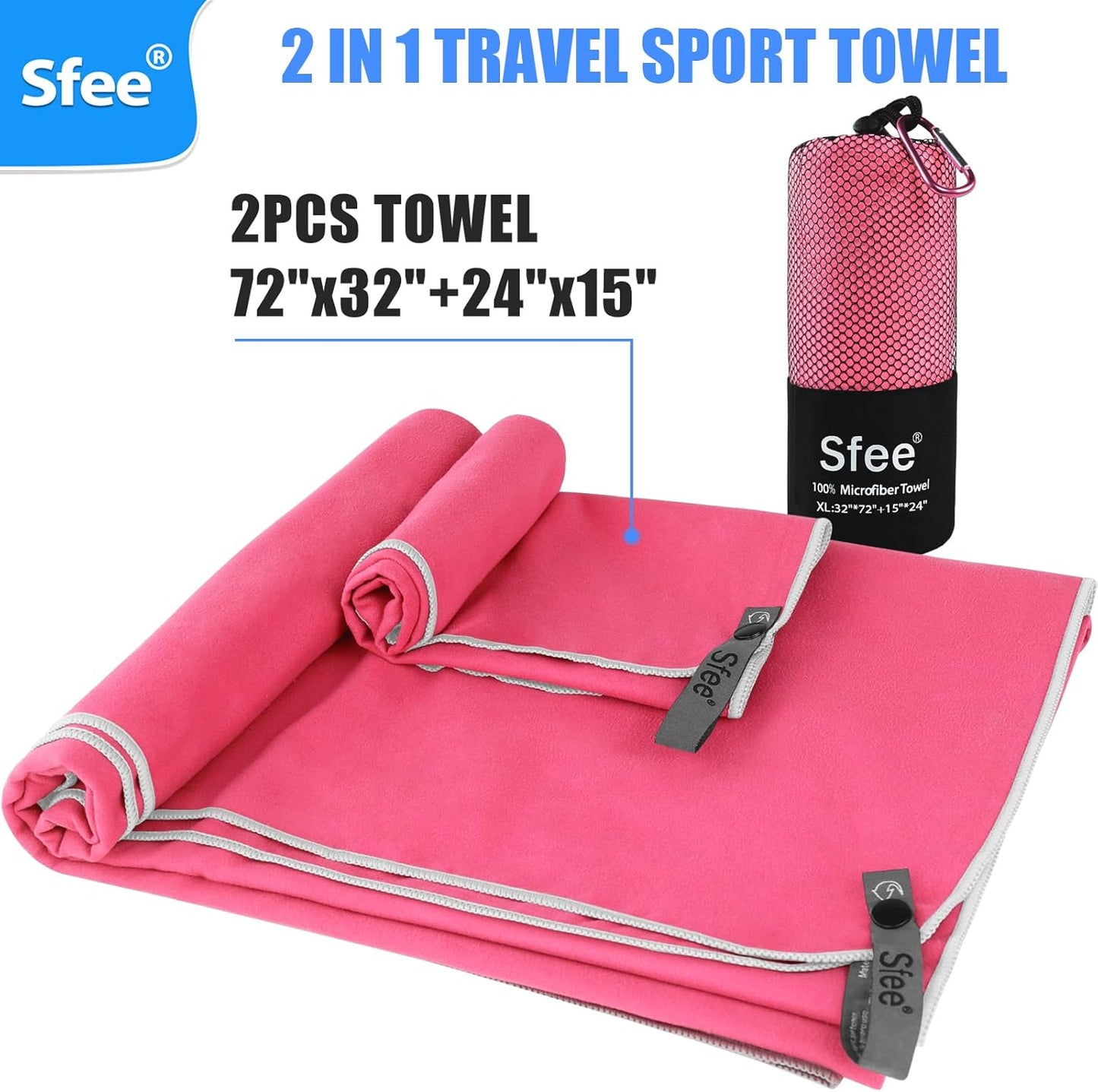 Sfee 2 Pack Microfiber Travel Towel, Quick Dry Towel Camping Towel Large Beach Towel Super Absorbent Compact Lightweight Sports Towel Gym Towel Set for Beach, Gym, Hiking, Pool, Backpacking,Bath,Yoga