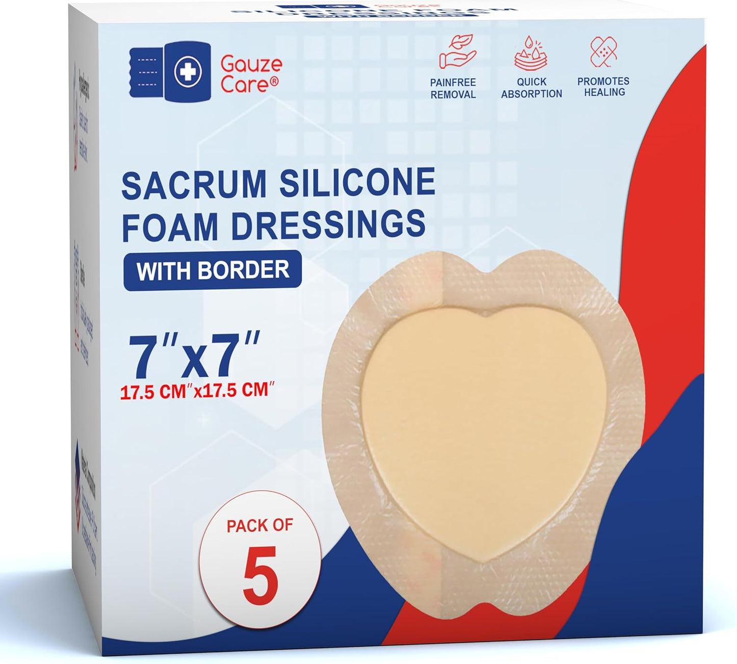 GauzeCare Silicone Sacrum Foam Dressing 7x7 (Pack of 5) – Waterproof Wound Bandages with Adhesive Border, Self-Adhesive and Highly Absorbent Silicone Bandages for Effective Wound Care