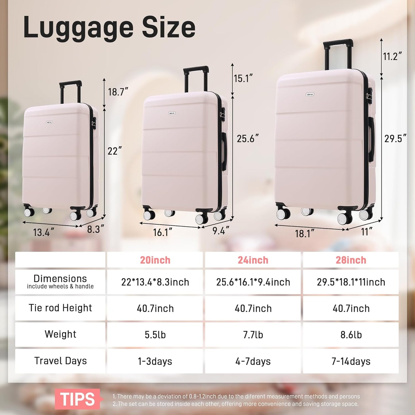 Merax Luggage Sets 3 Piece, Suitcases with Spinner Wheels, Lightweight Travel Luggage with Lock, ABS Hardshell Suitcase Set 20/24/28 IN,Light Pink