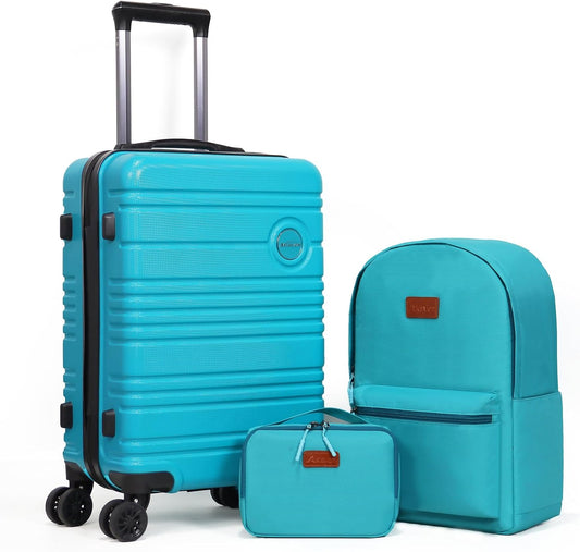 ABS+PC Carry on Luggage set with backpack 3 Pcs suitcace with Spinner wheels TSA Lock 20-In hardshell Lightweight Luggage set (Turquoise)