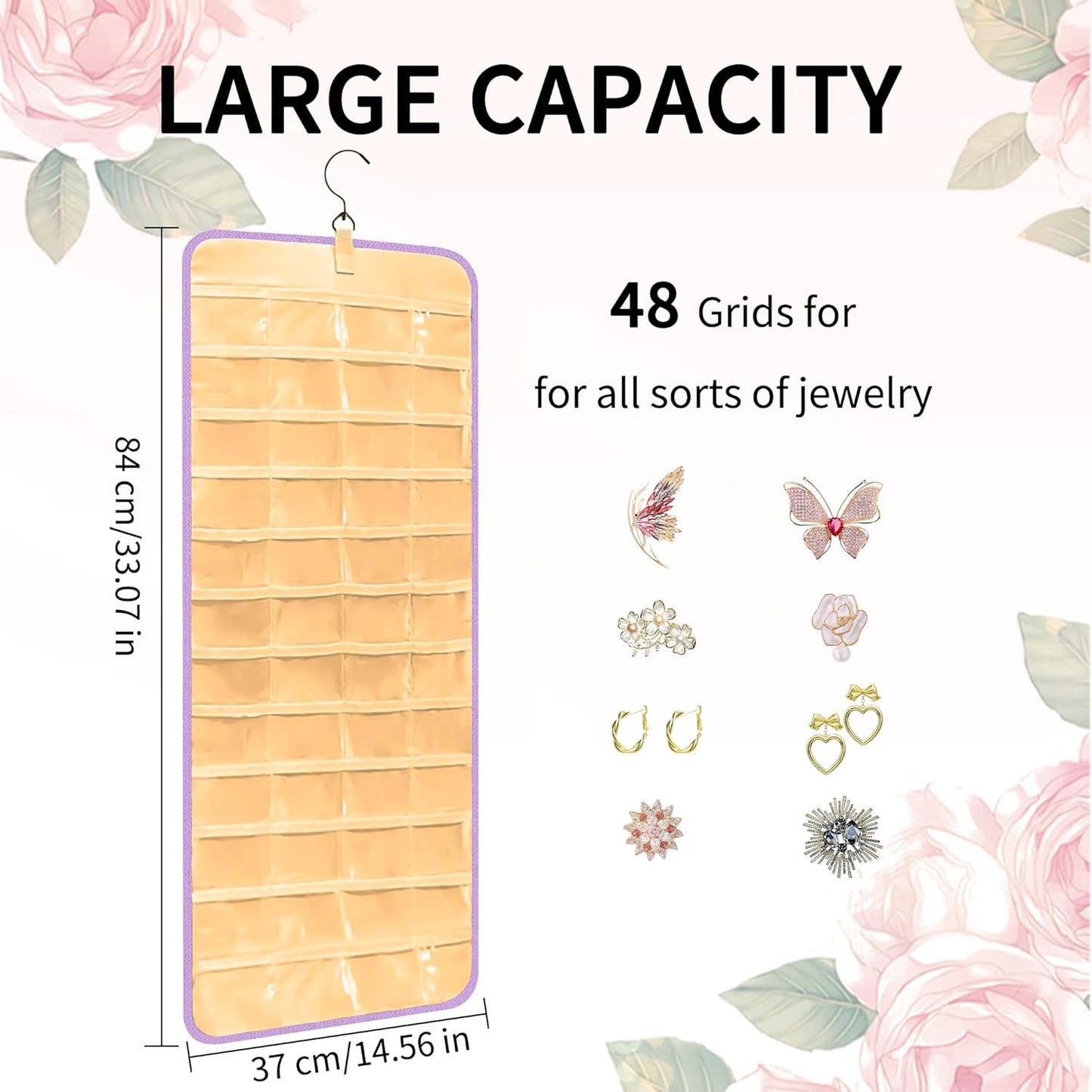 Bloss Hanging Jewelry Organizer with 48 Pockets, Mothers Day Gifts Double-Size Hanging Jewelry Holder with Hanger Hooks, Jewelry Organizers and Storage for Earrings, Necklaces and Rings, Purple