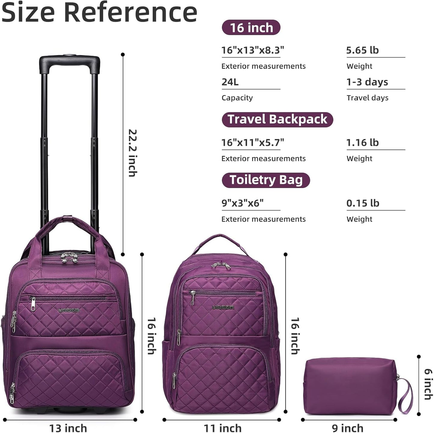 LARVENDER Underseat Carry On Luggage with Wheels Softside 16-inch Underseater Luggage Lightweight Overnight Suitcase for Men Women, Purple, 3 Piece (16/BP/TB)