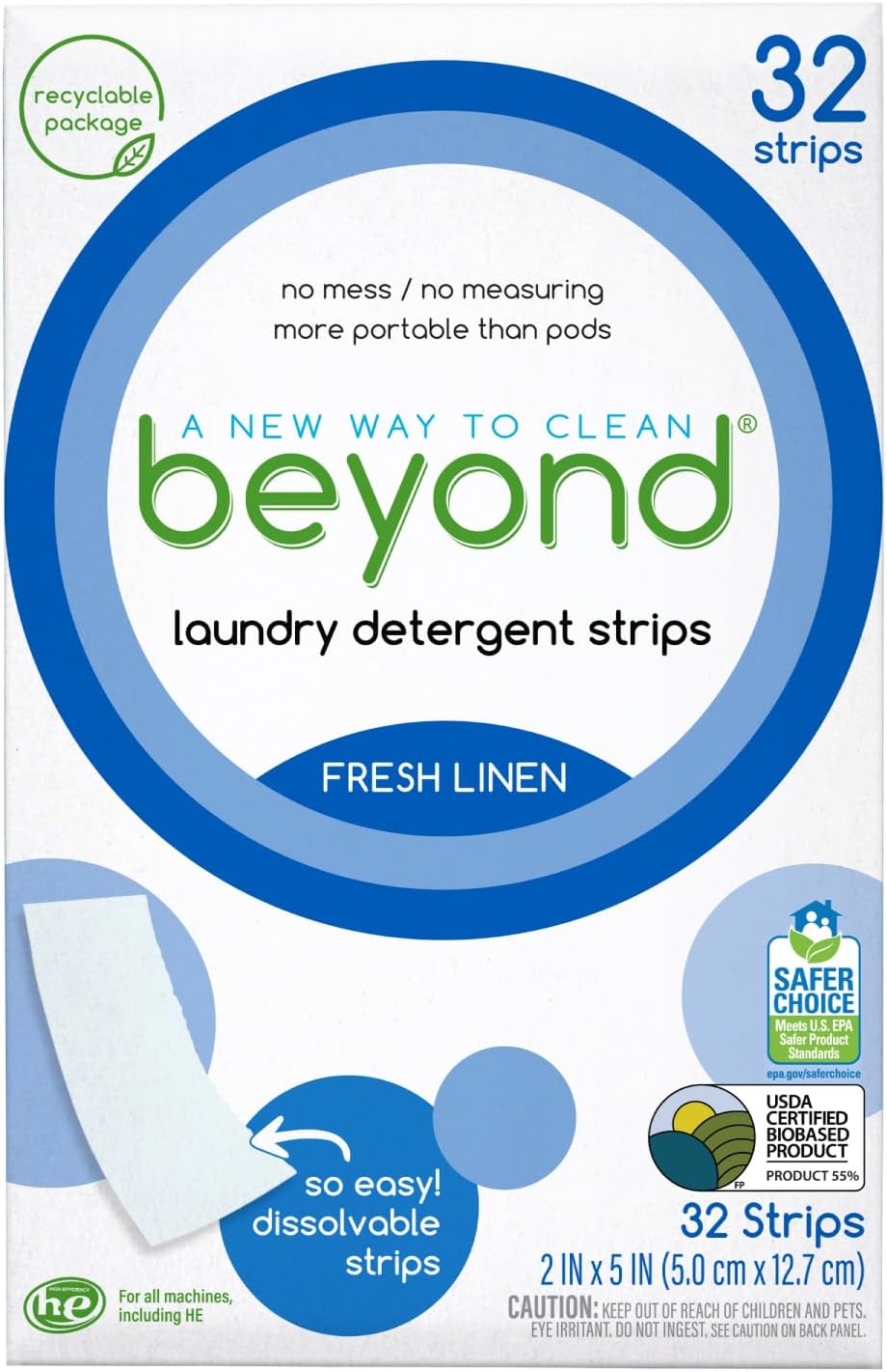 Beyond Laundry Detergent Strips [32 strips] - Fresh Linen - Eco-friendly, Hypoallergenic. Travel friendly. Dissolvable Strips.