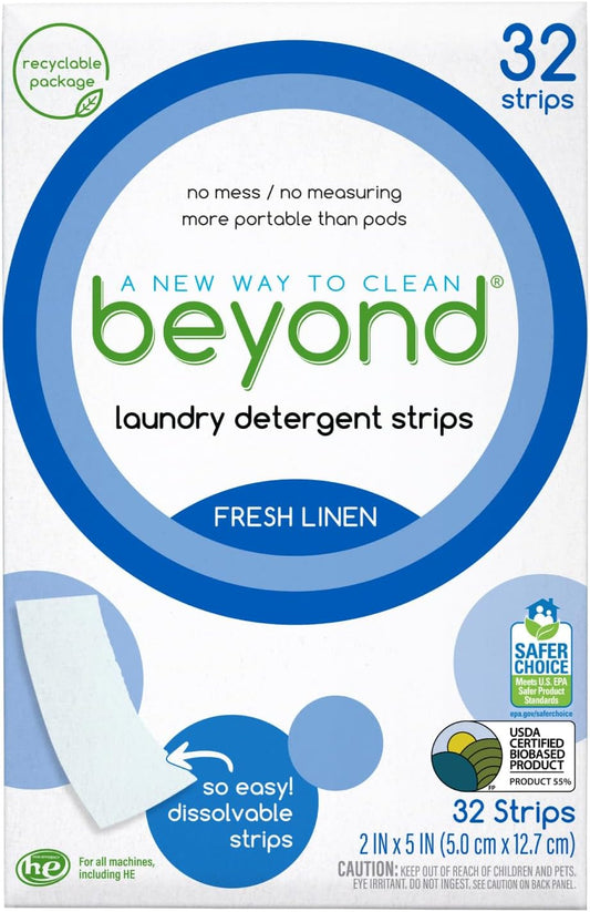 Beyond Laundry Detergent Strips [32 strips] - Fresh Linen - Eco-friendly, Hypoallergenic. Travel friendly. Dissolvable Strips.
